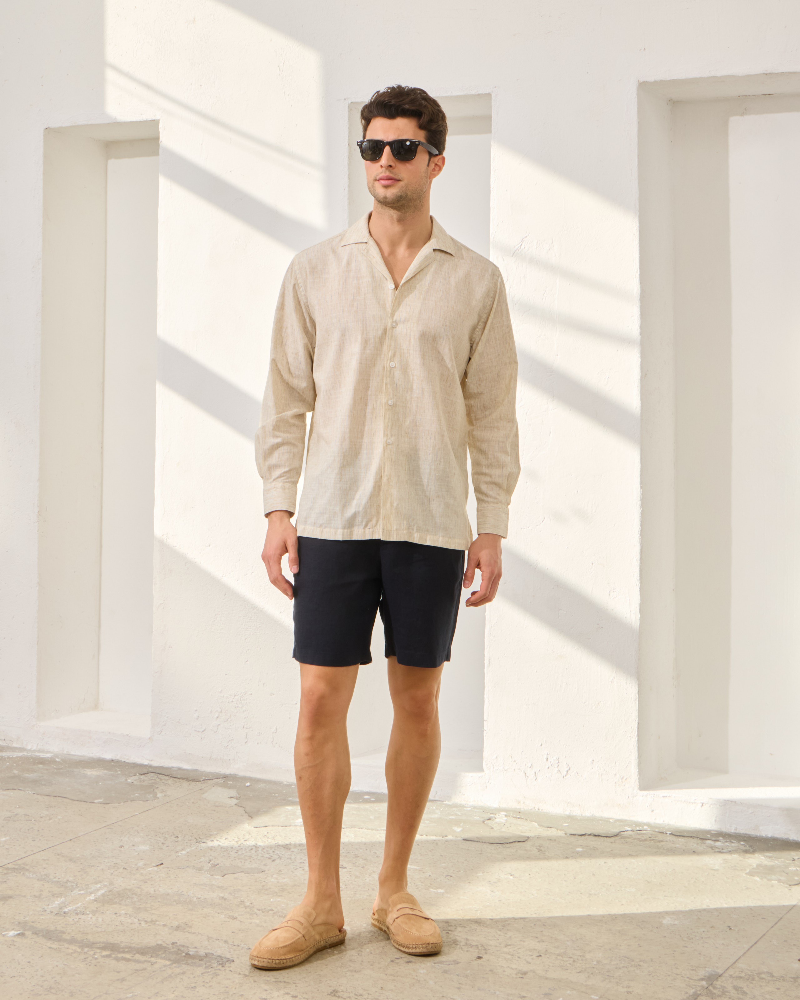 Çizgi Detaylı Relaxed Fit Keten Gömlek - Bej