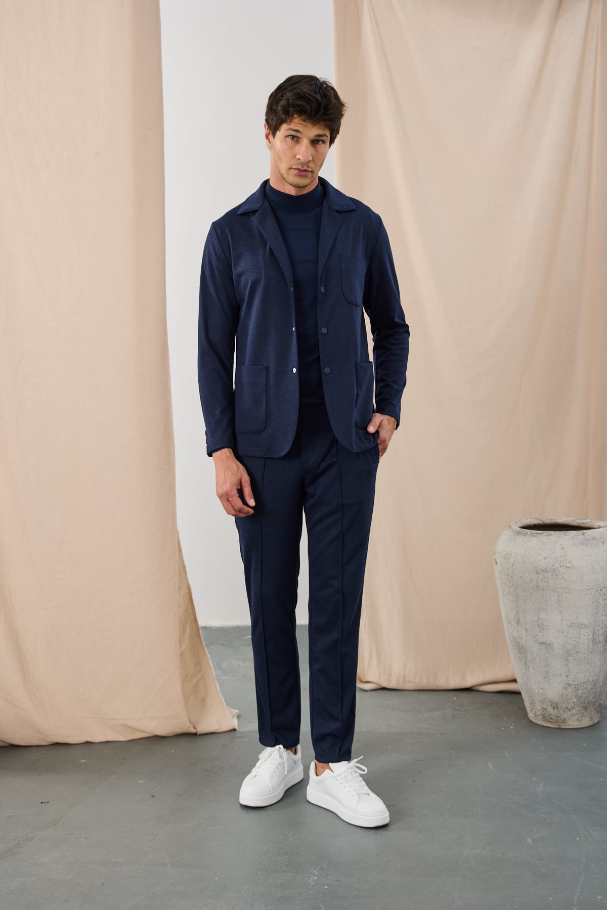 Melanj Dokulu Casual Blazer Ceket - Lacivert