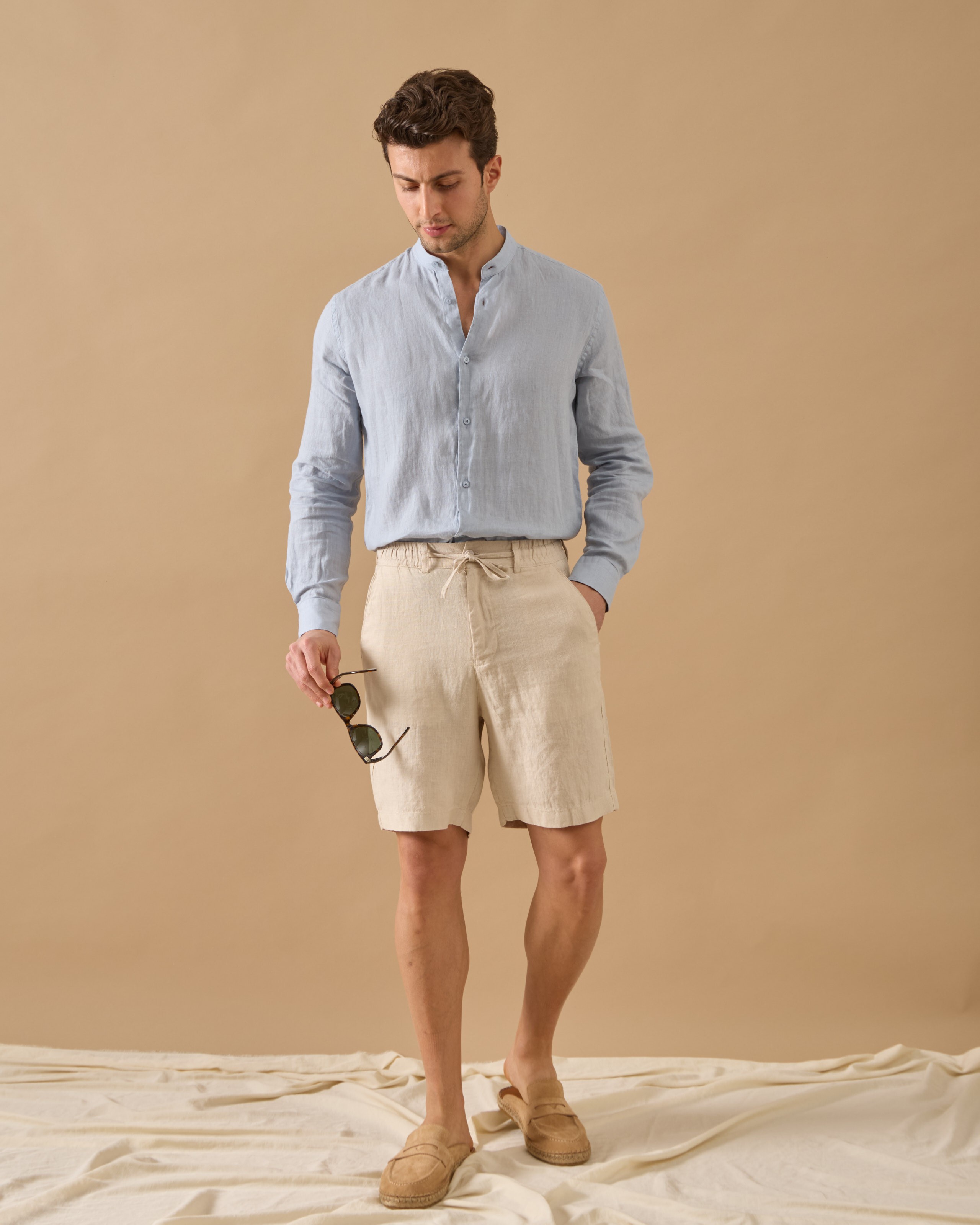 %100 Keten Lastikli Regular Fit Şort - Bej