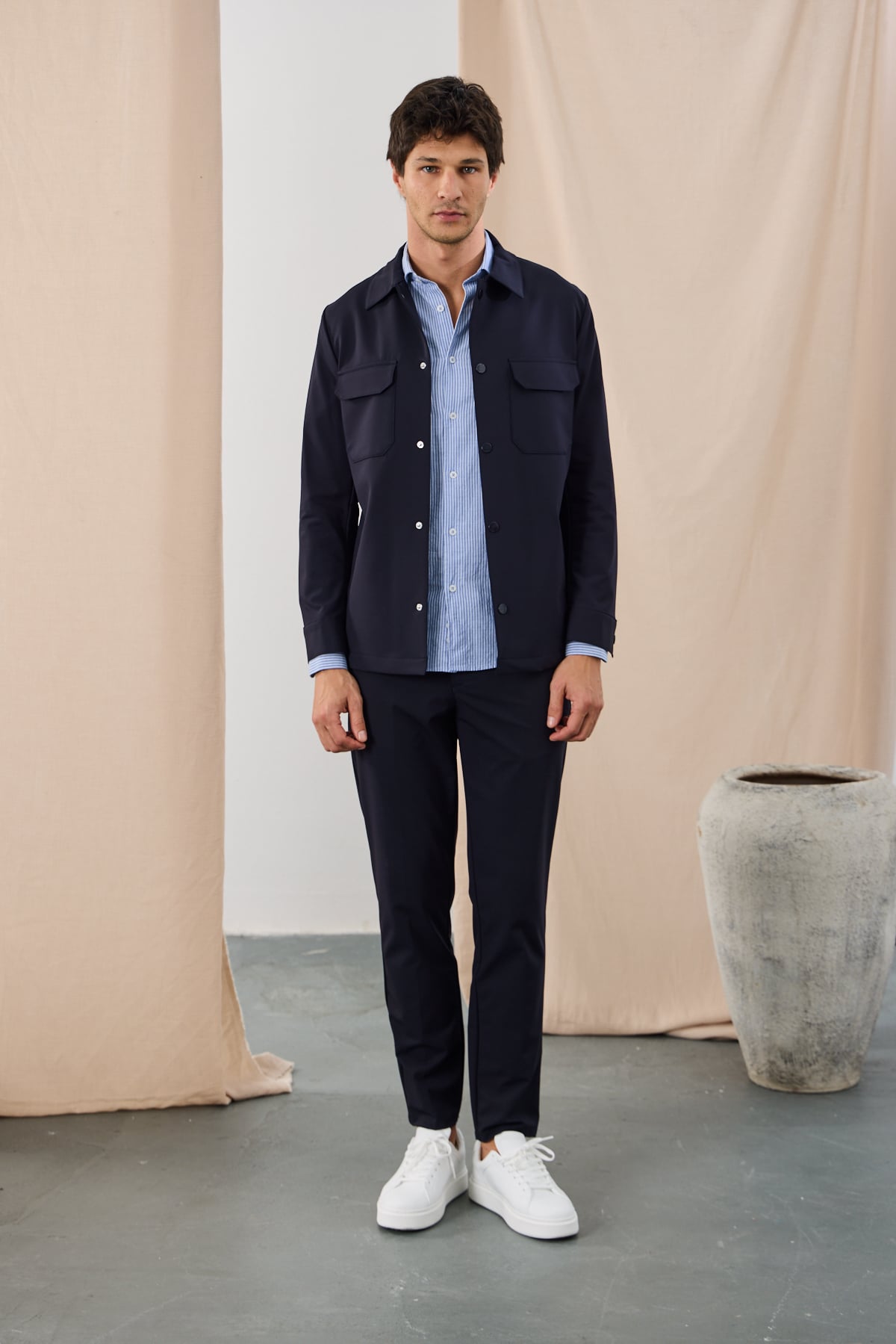 Teknik Dokulu Overshirt Ceket - Lacivert