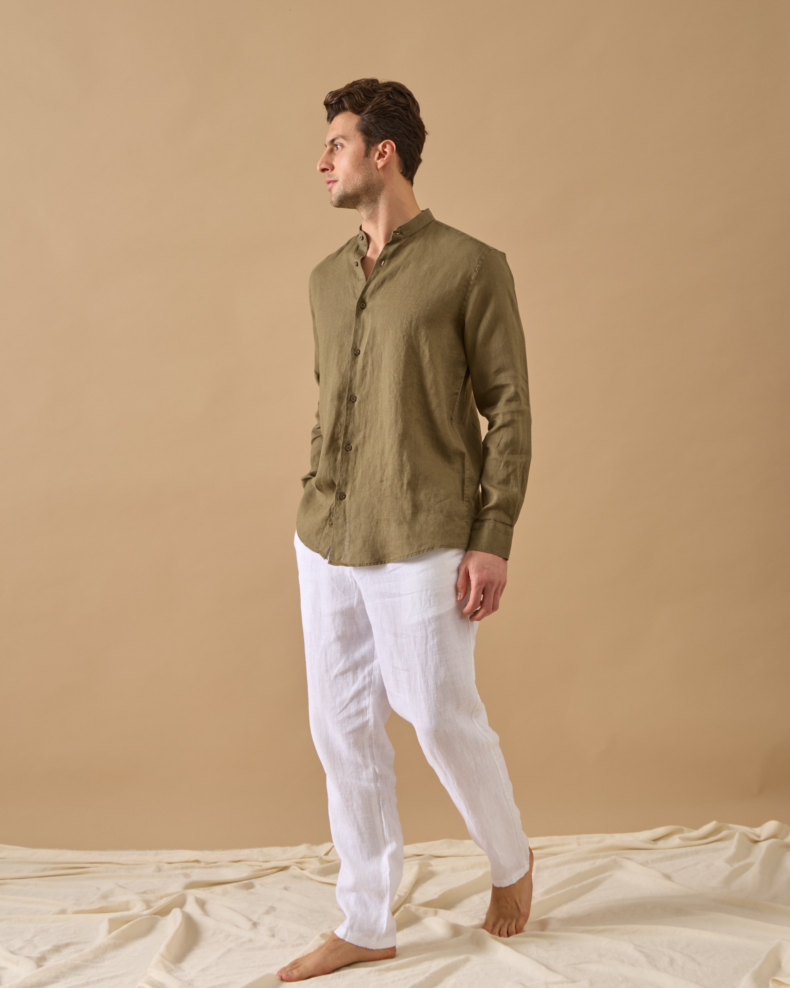 %100 Keten Lastikli Regular Fit Pantolon - Beyaz