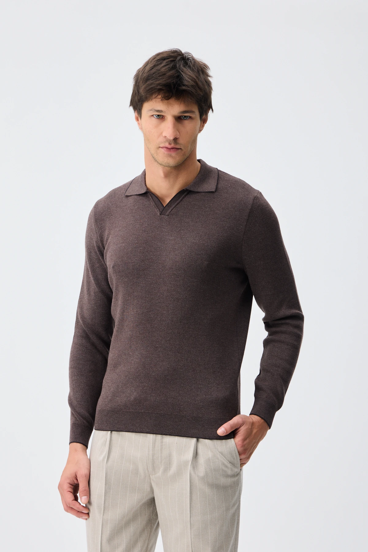 V Polo Yaka Triko - K.kahve/M.Vizon