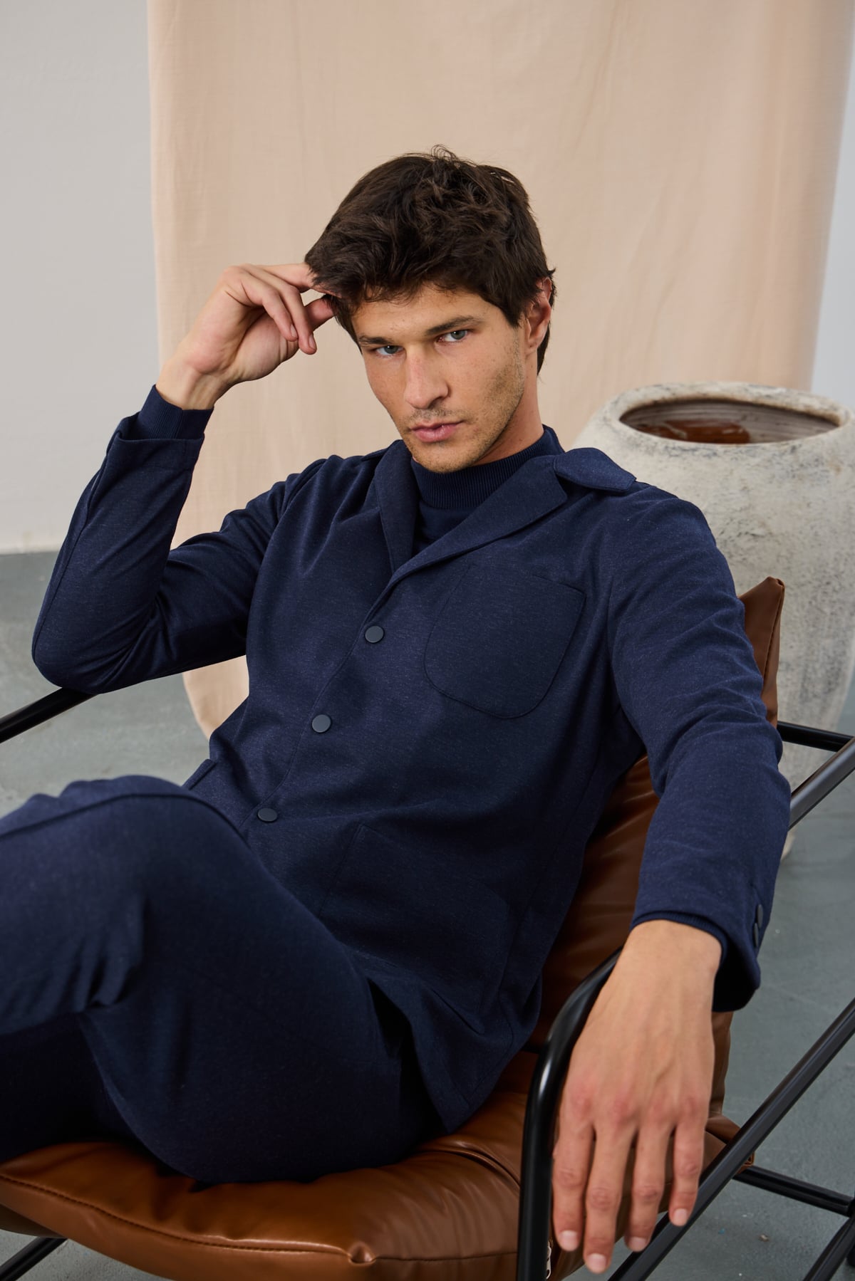 Melanj Dokulu Casual Blazer Ceket - Lacivert