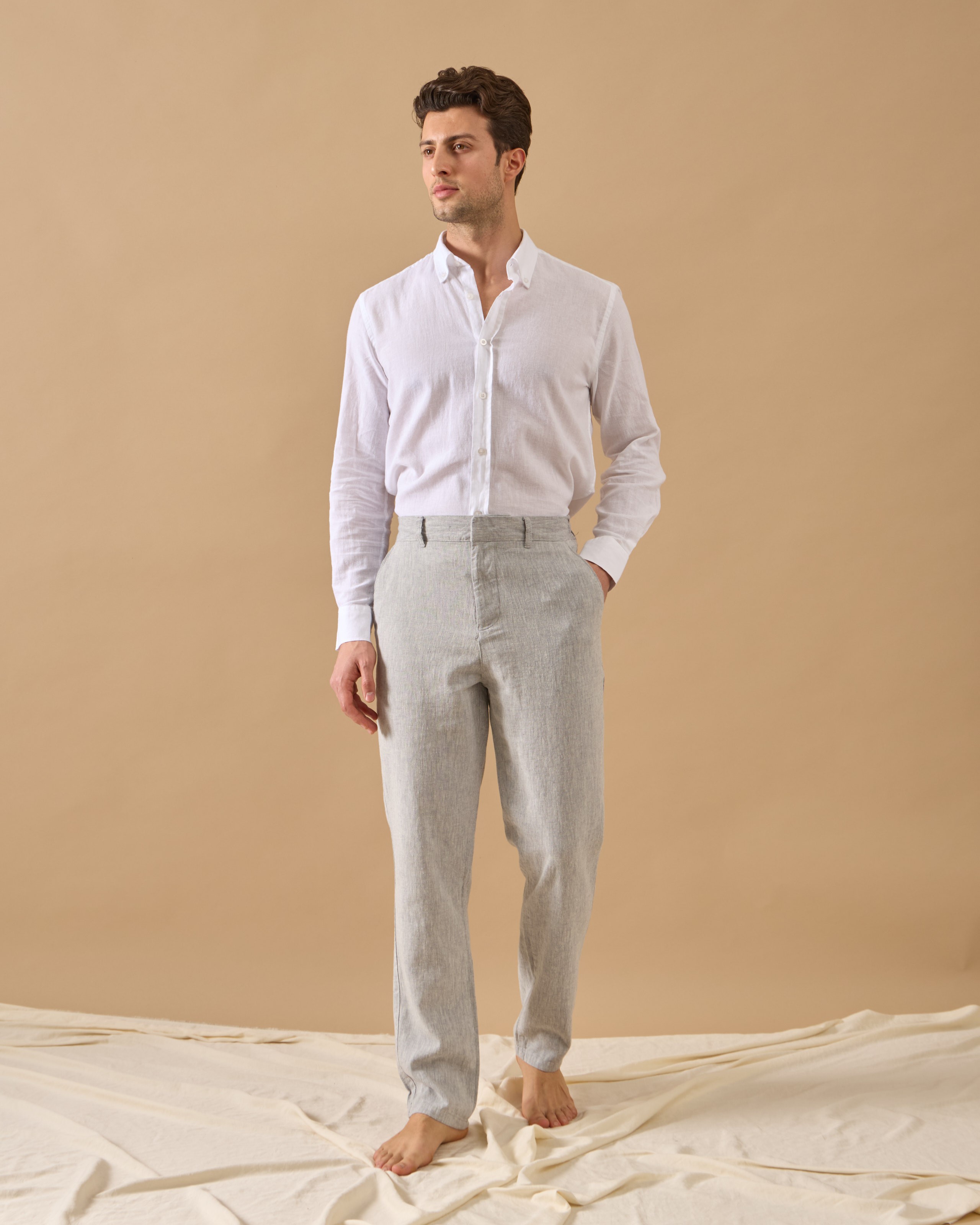 Arkası Lastikli Regular Fit Keten Pantolon - indigo
