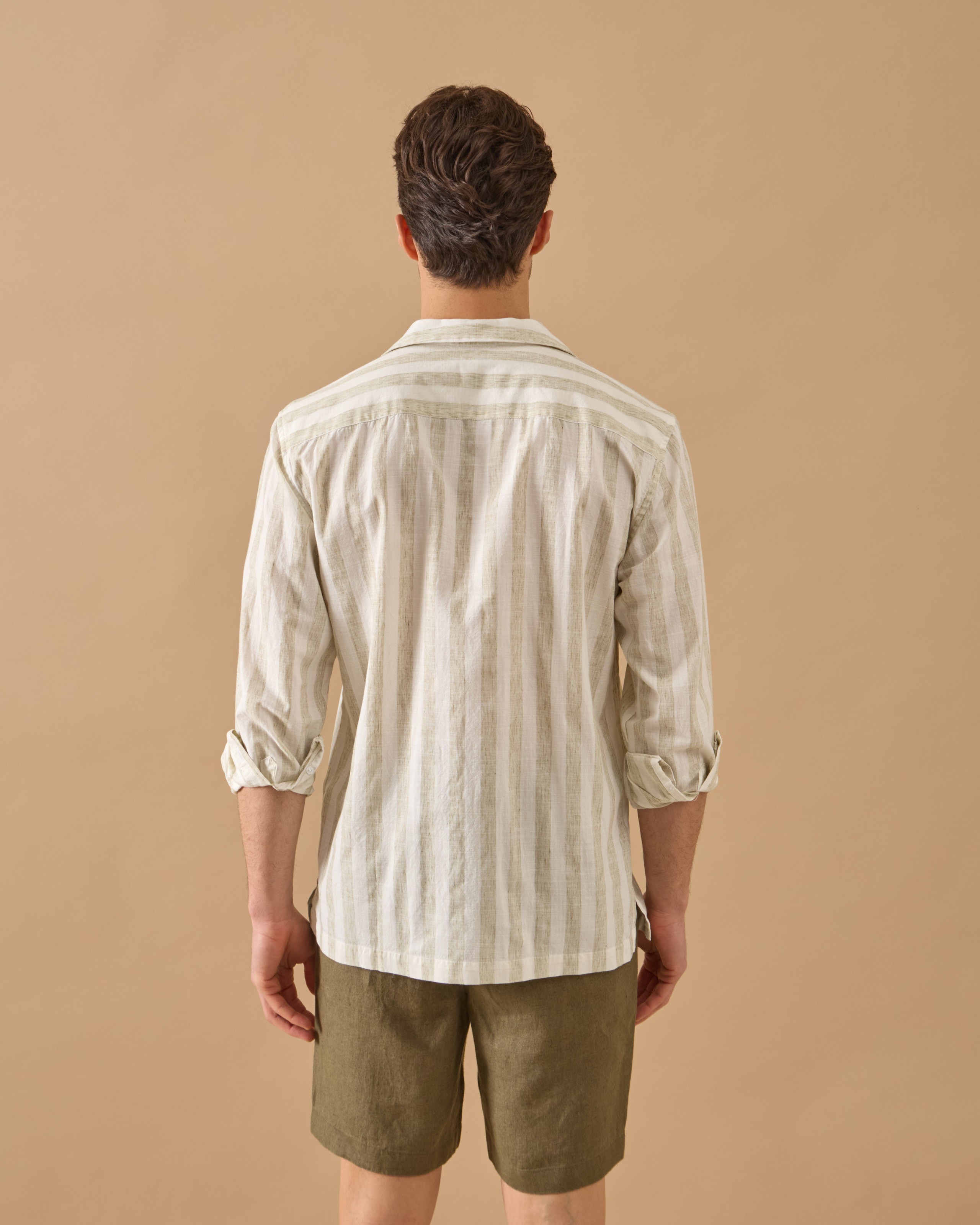 Kalın Çizgili Relaxed Fit Keten Gömlek - Haki