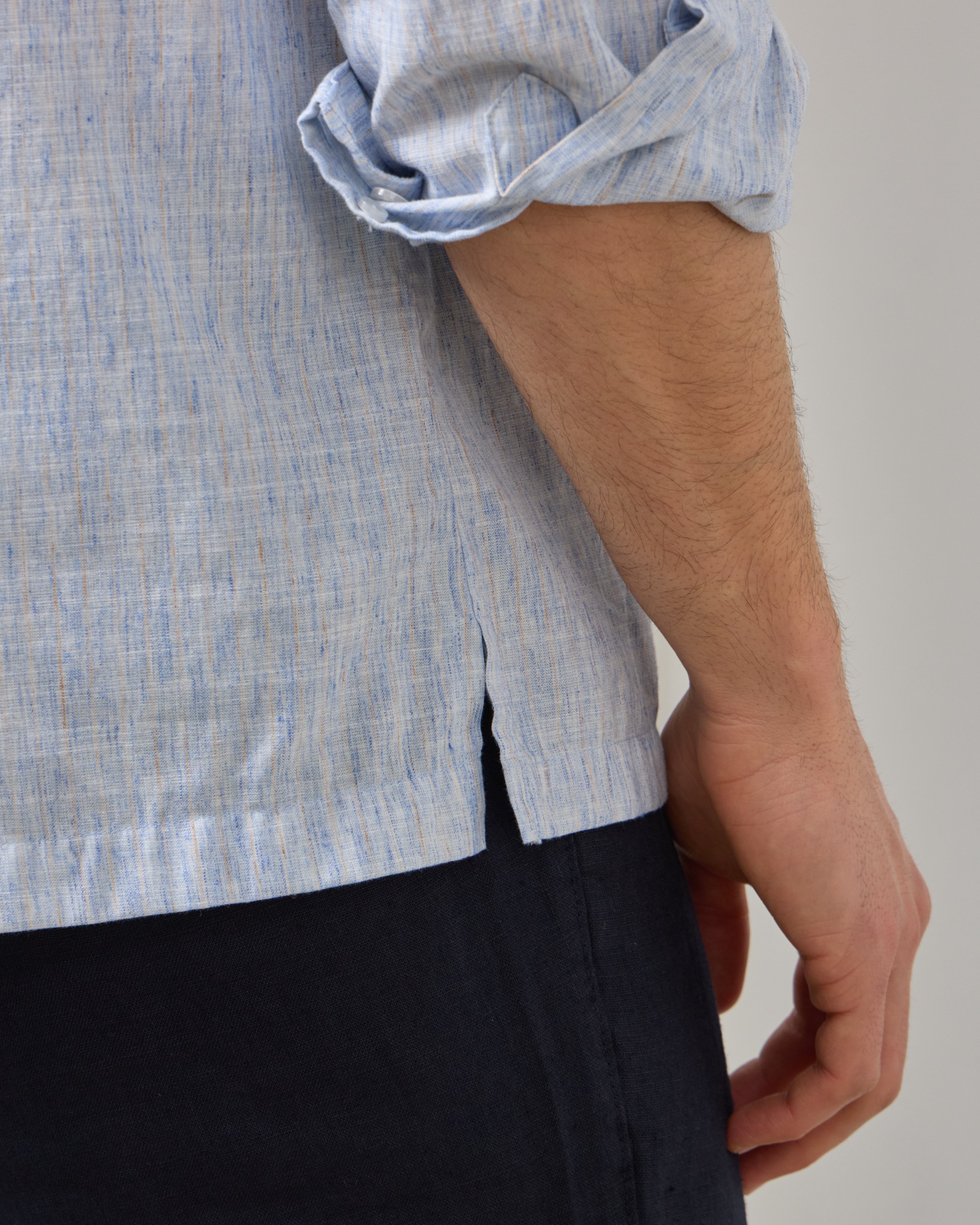 Çizgi Detaylı Relaxed Fit Keten Gömlek - mavi