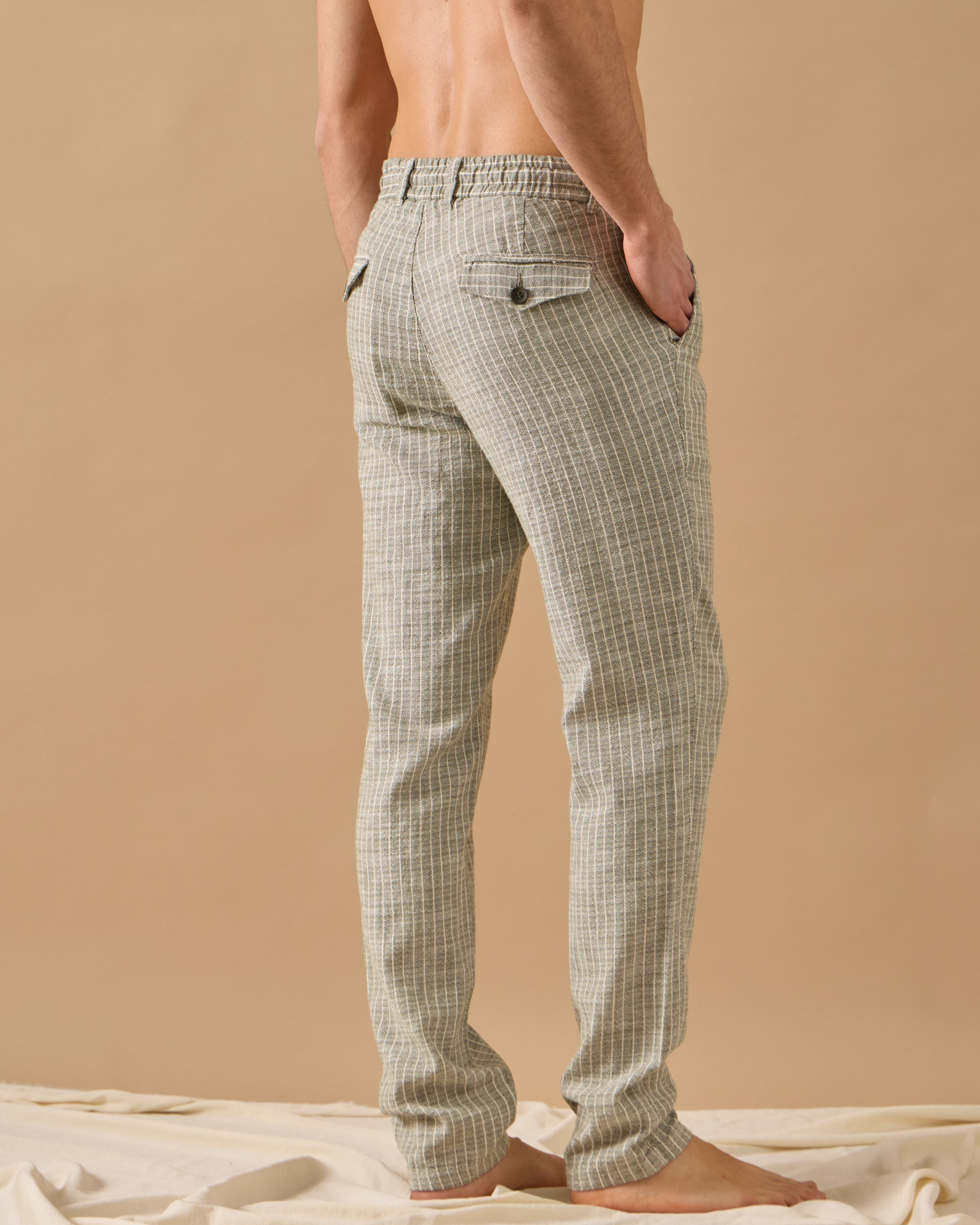 Lastikli Regular Fit Çizgili Pantolon - Yeşil