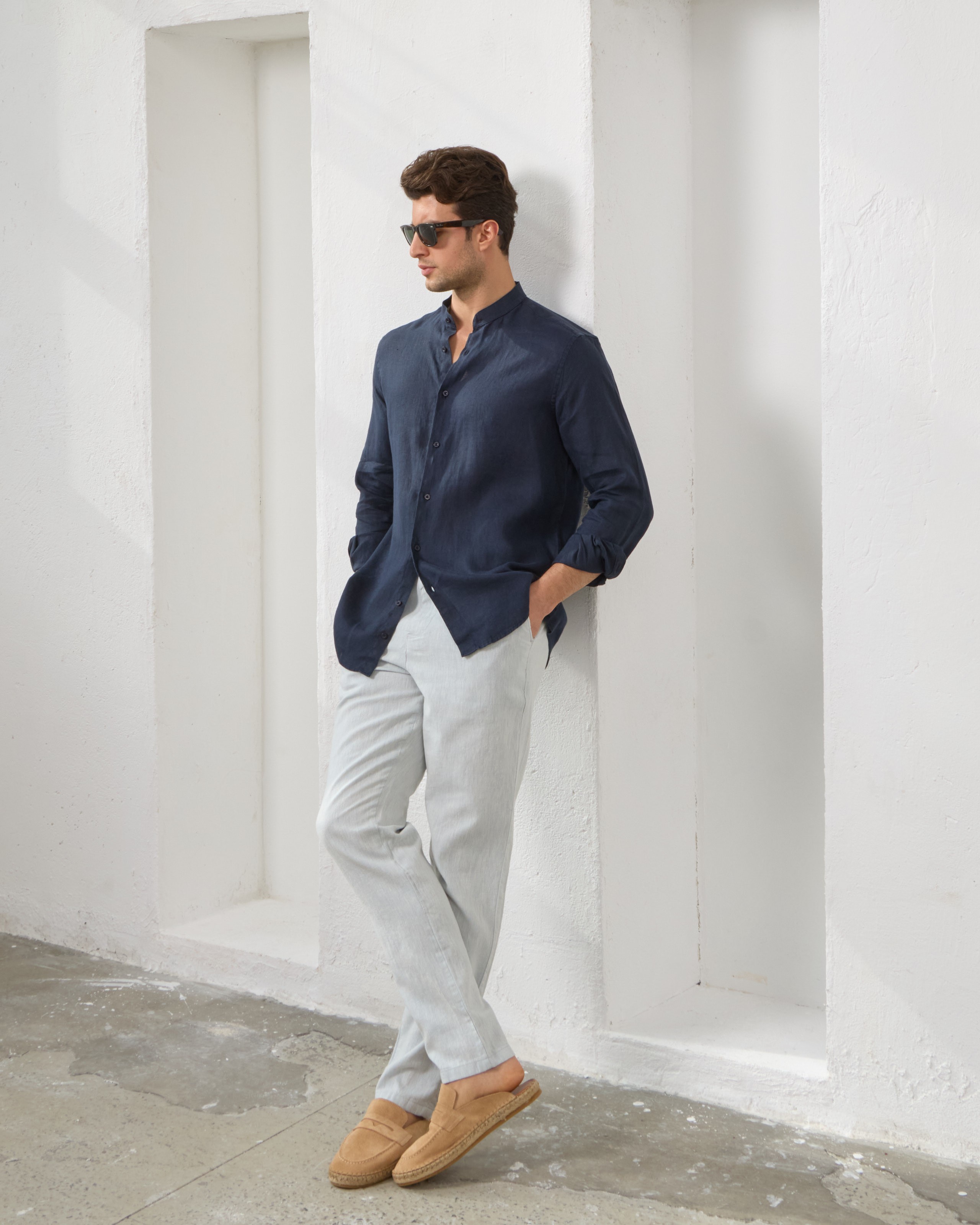 Arkası Lastikli Regular Fit Keten Pantolon - Buz Mavi
