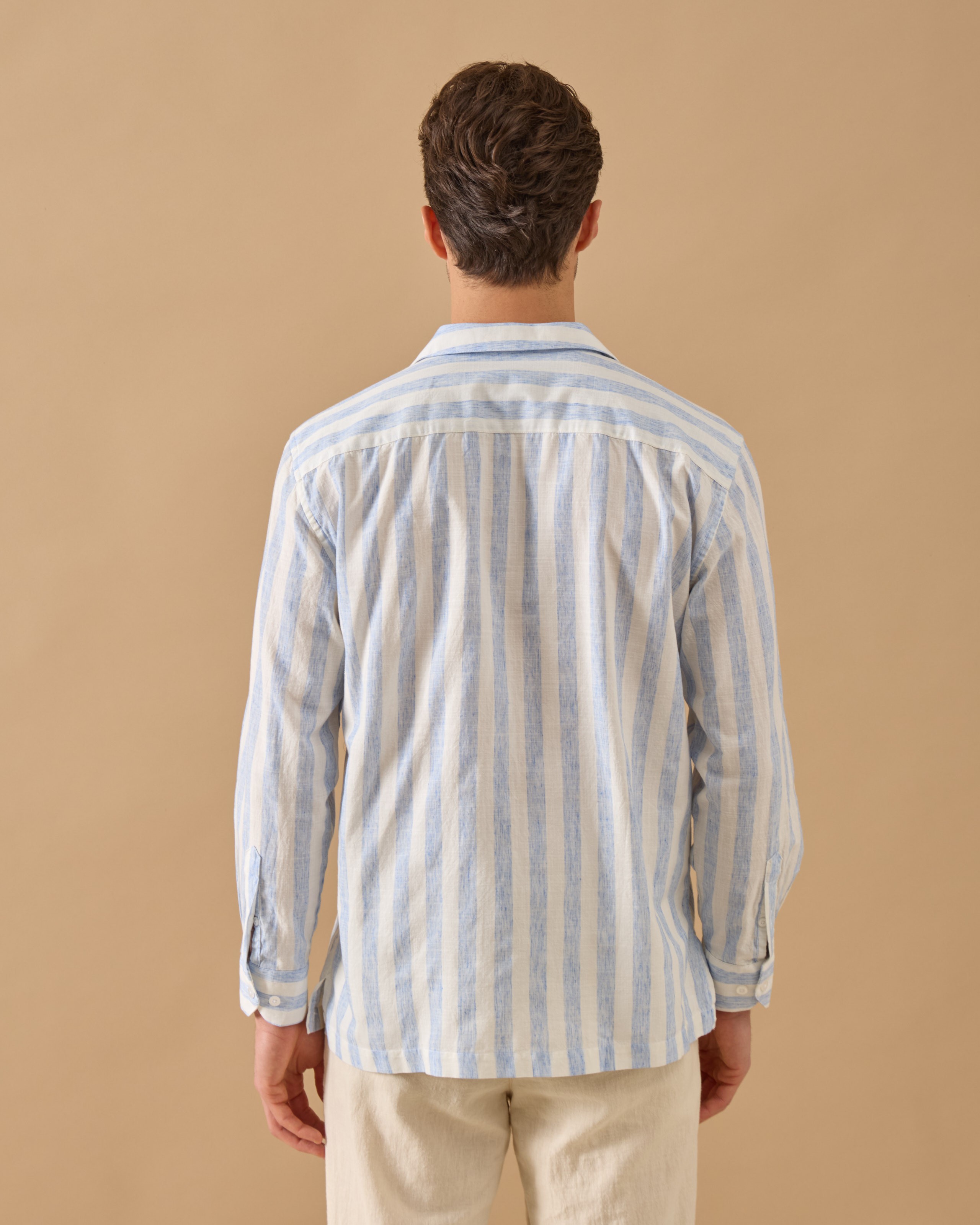 Kalın Çizgili Relaxed Fit Keten Gömlek - mavi