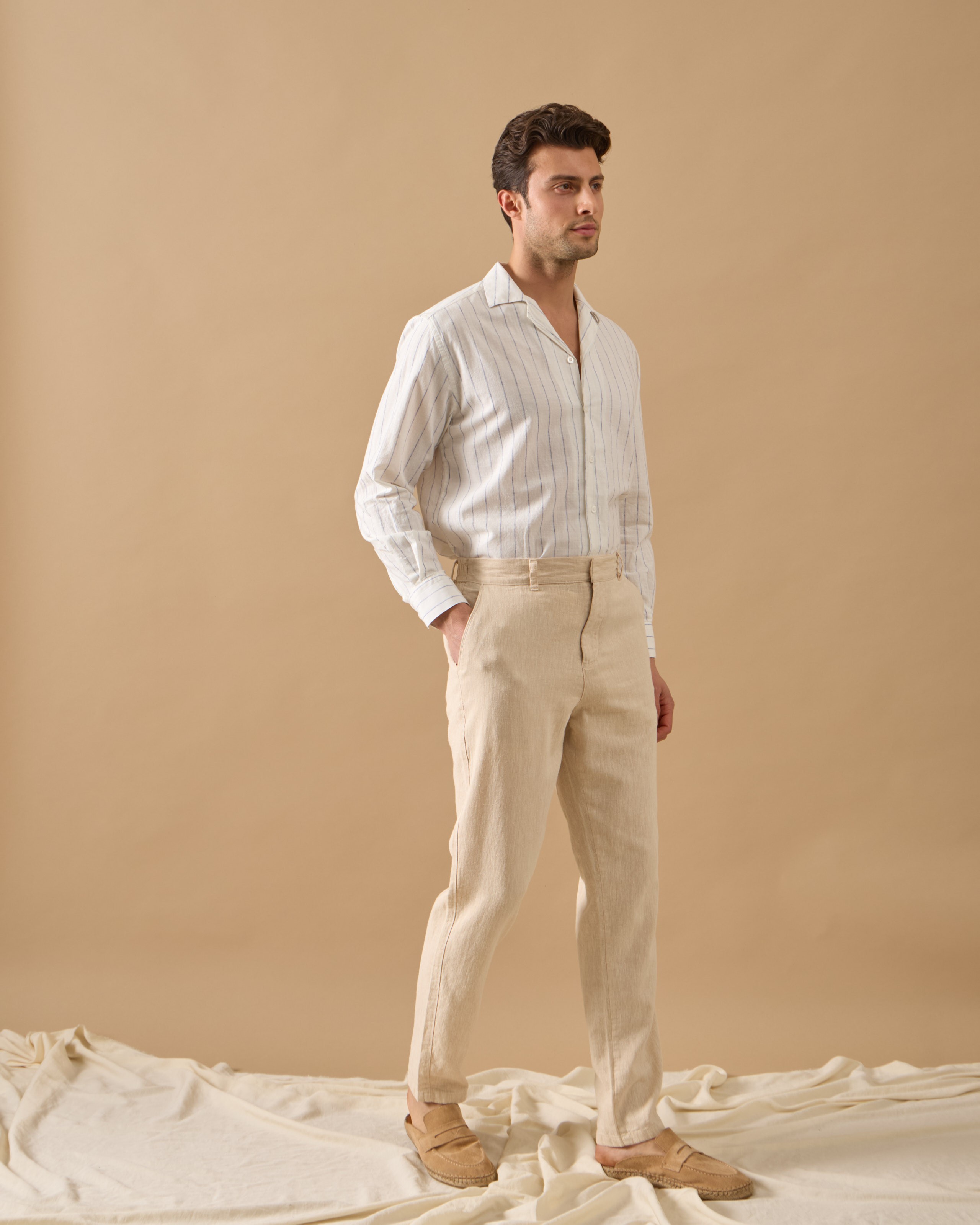 Arkası Lastikli Regular Fit Keten Pantolon - Bej