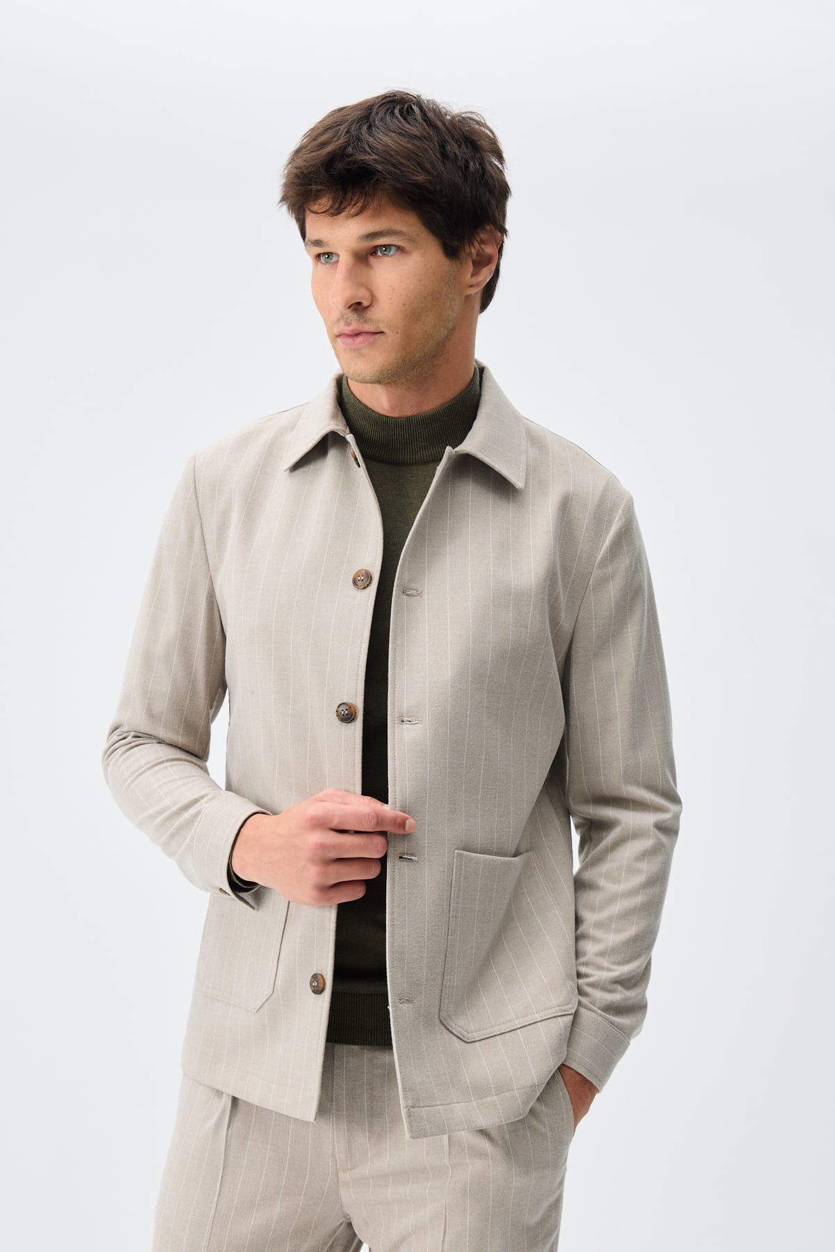 Yün Karışımlı Smart Blazer Ceket - Çizgili Bej