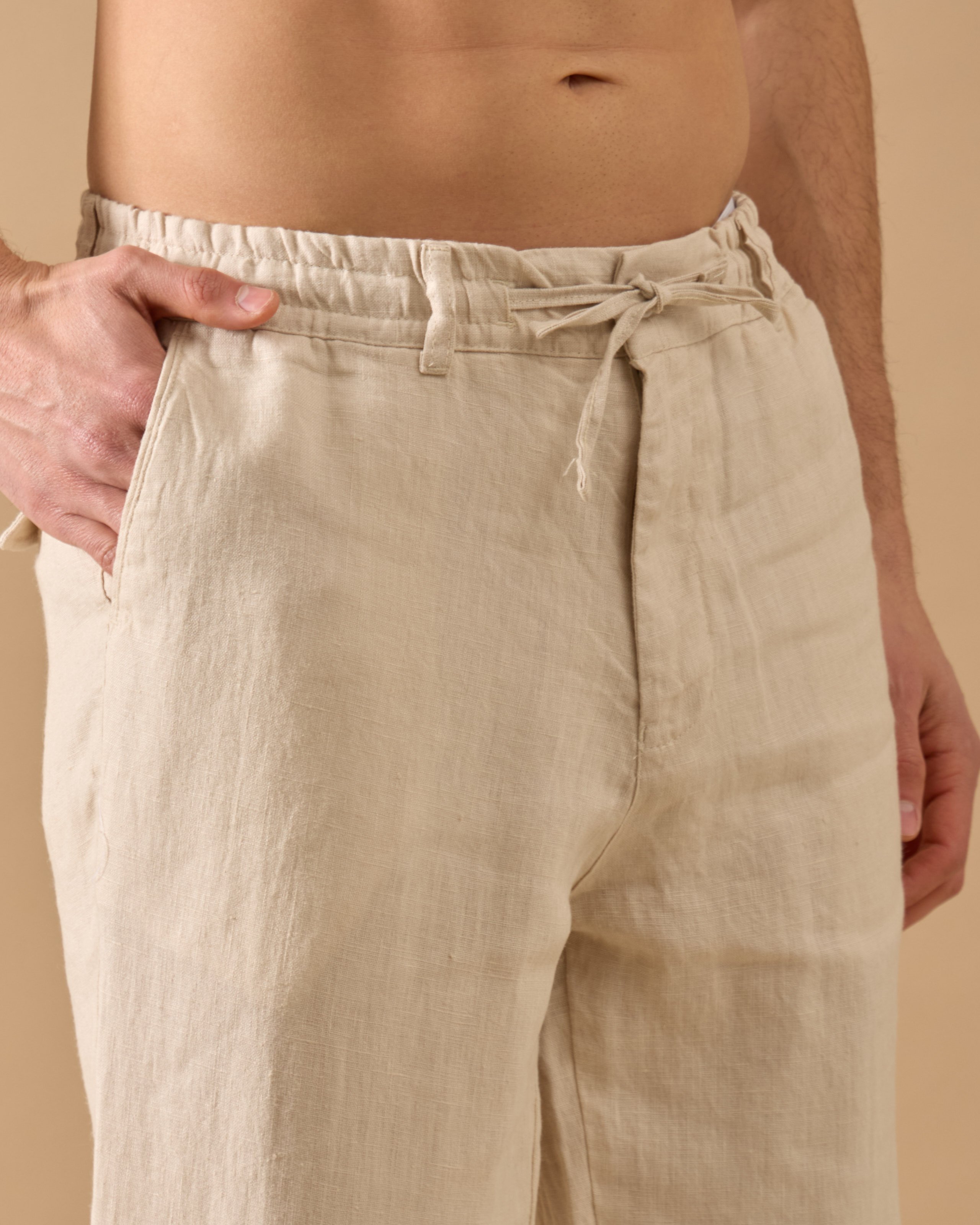 %100 Keten Lastikli Regular Fit Pantolon - Bej