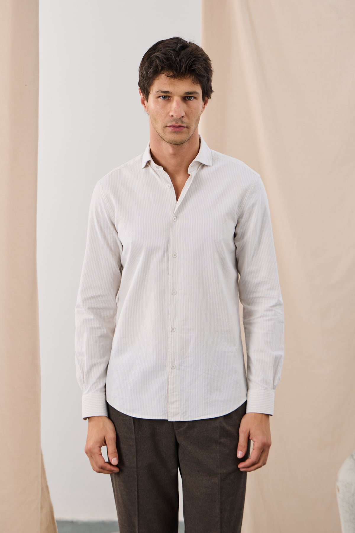 Çizgili Oxford Pamuk Gömlek - 1048 - Bej