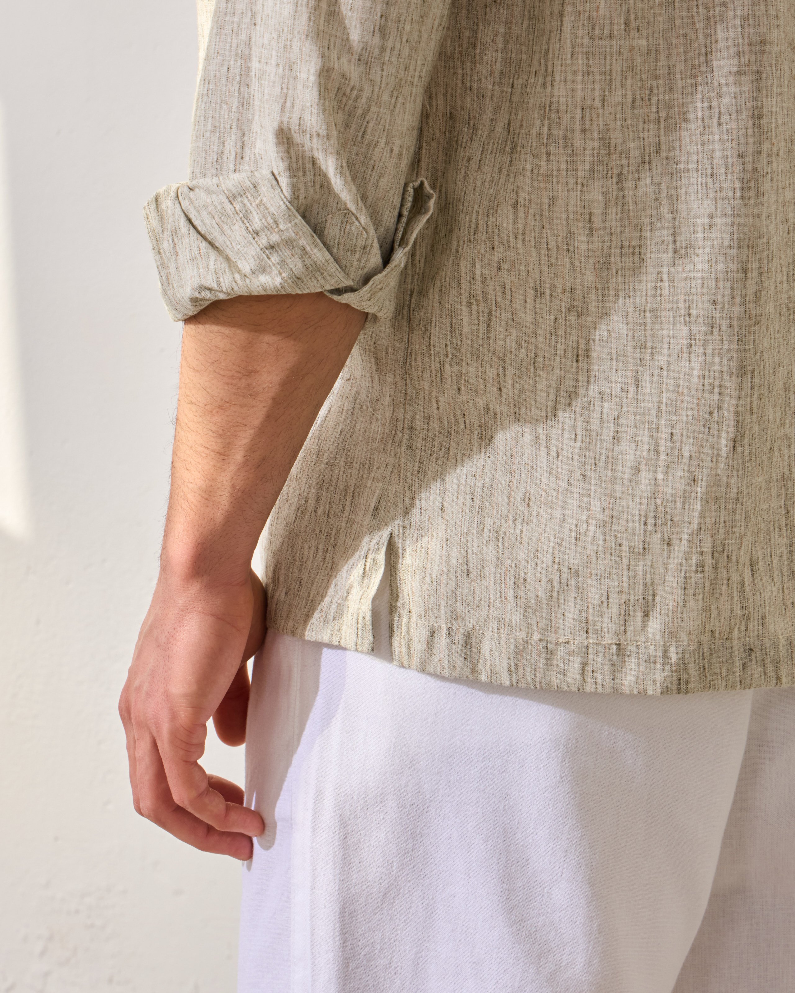 Çizgi Detaylı Relaxed Fit Keten Gömlek - Haki