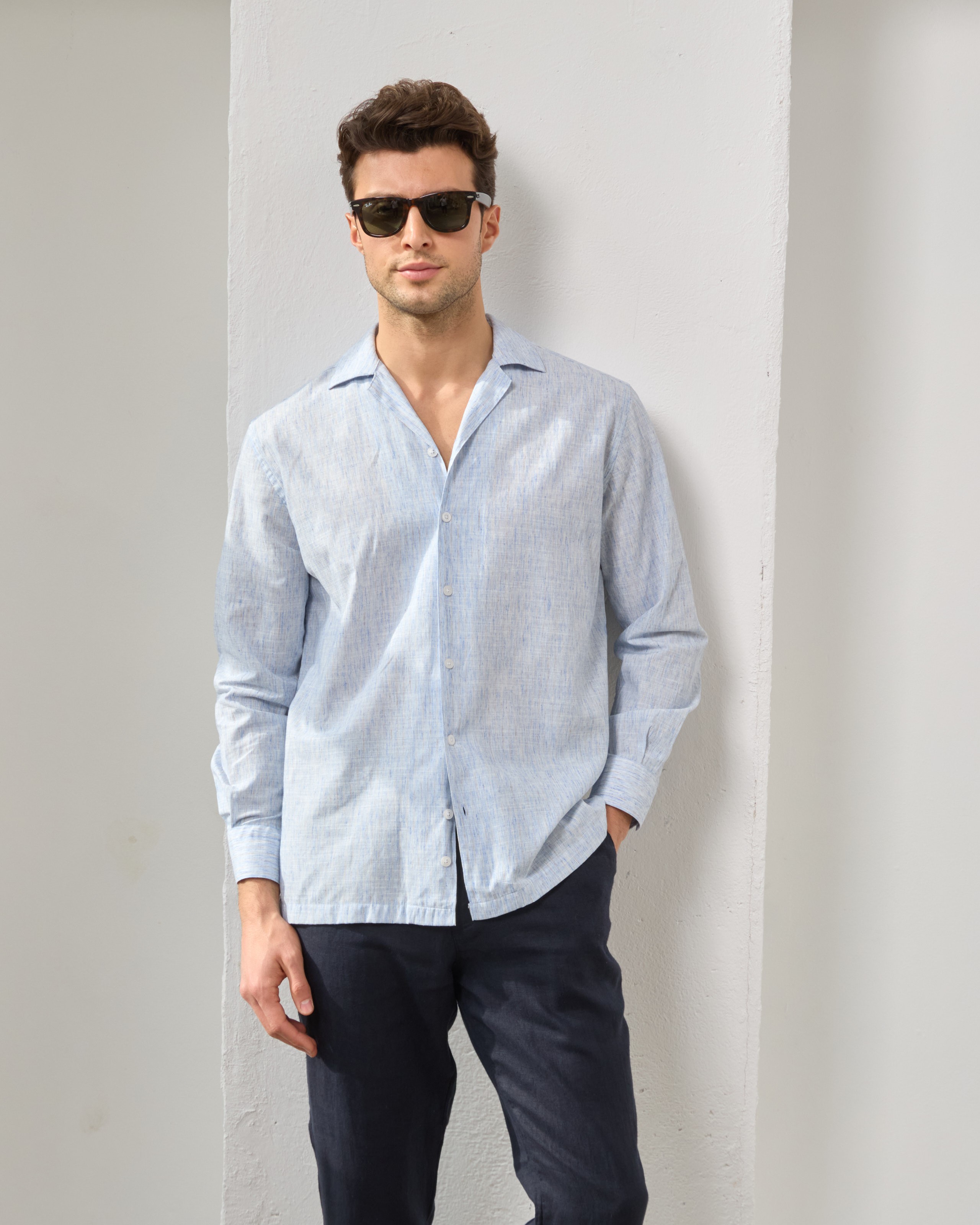 Çizgi Detaylı Relaxed Fit Keten Gömlek - mavi
