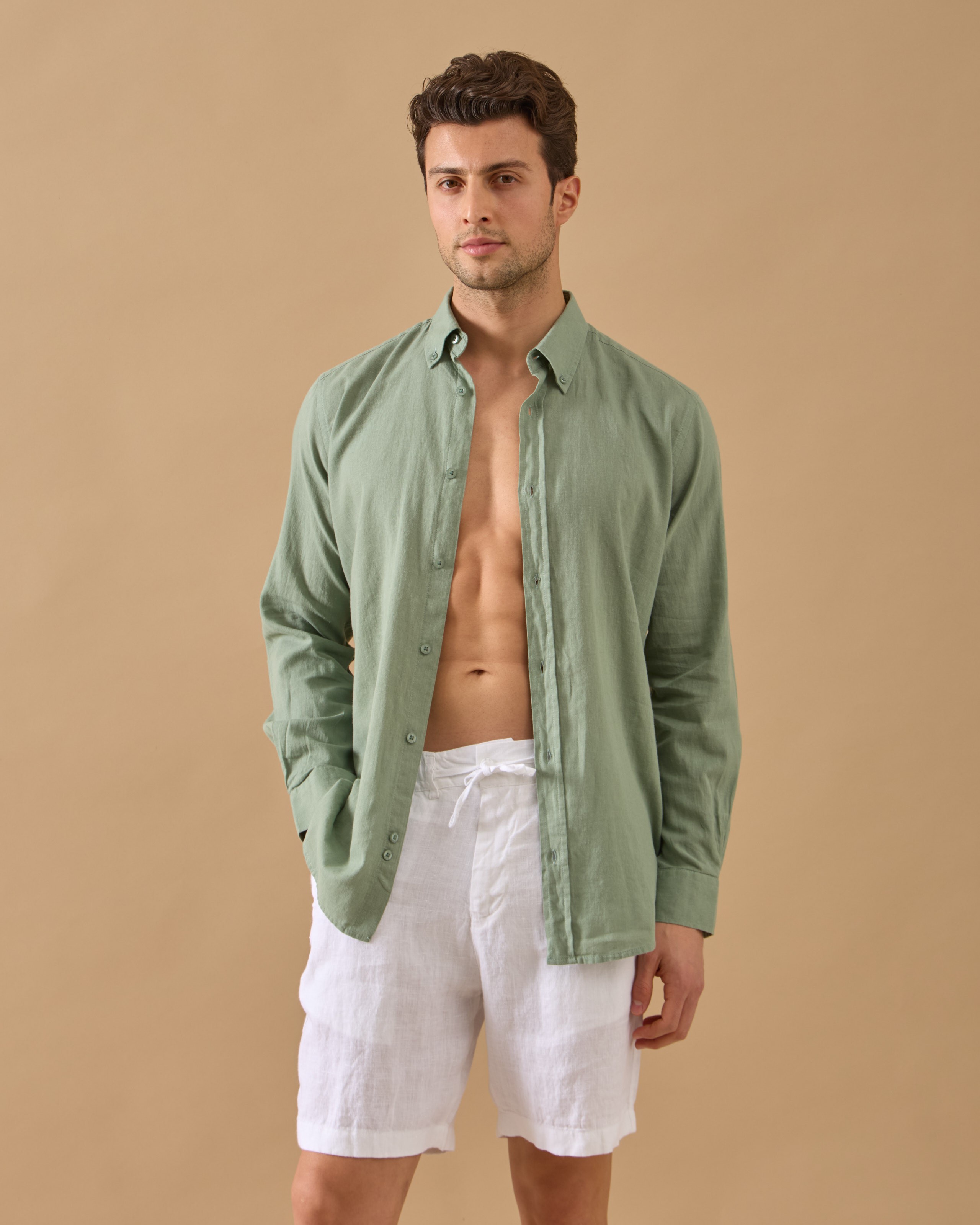 %100 Keten Lastikli Regular Fit Şort - Beyaz