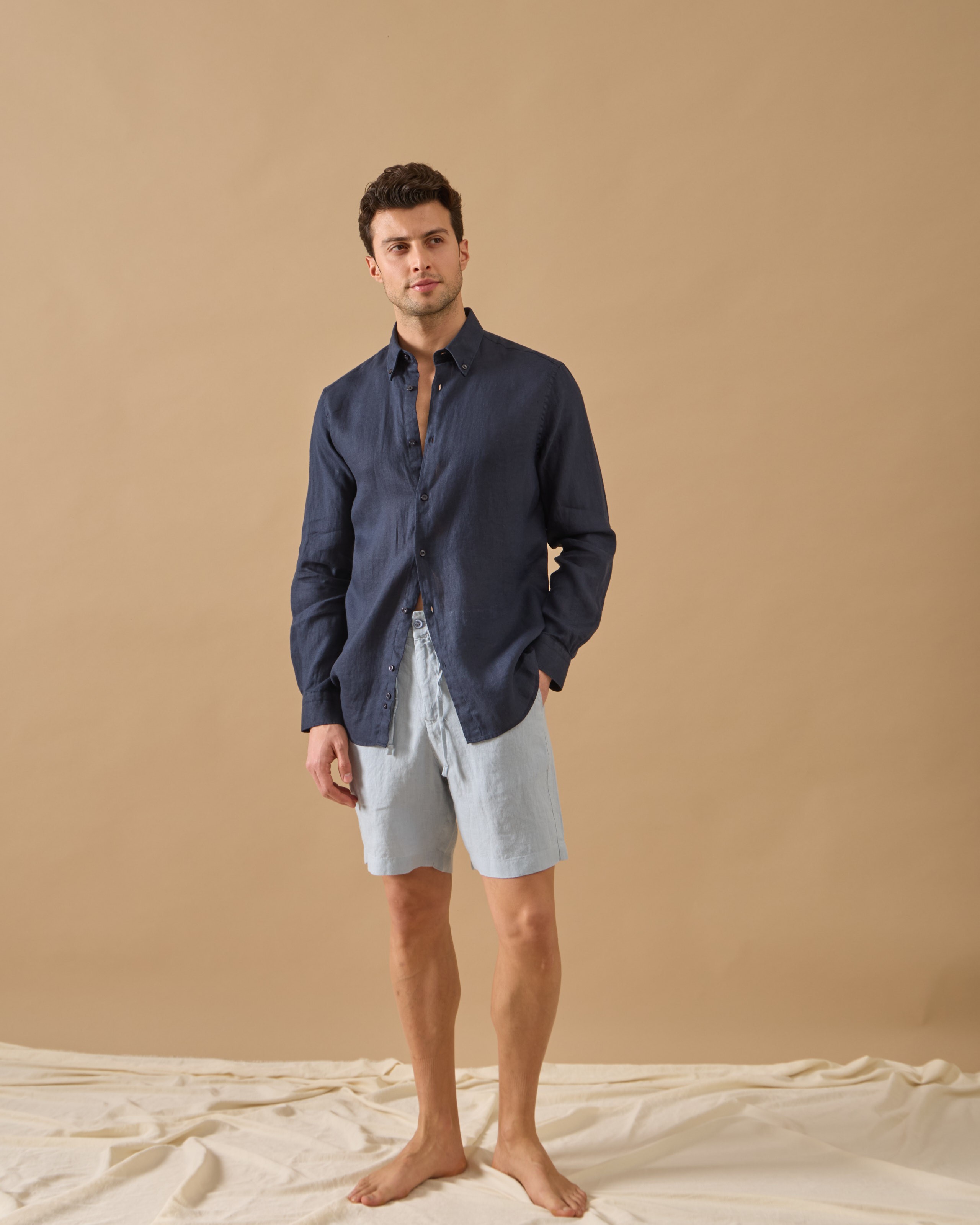 %100 Keten Lastikli Regular Fit Şort - mavi