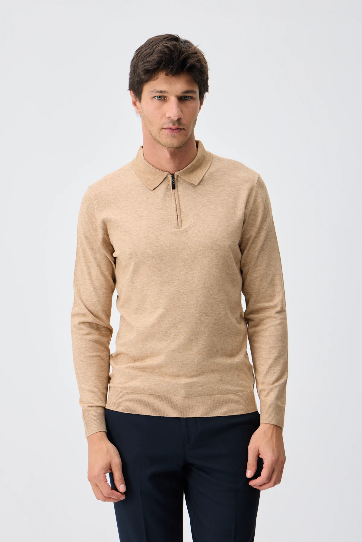 Kaşmir Karışımlı Fermuarlı Polo Yaka Triko - Camel