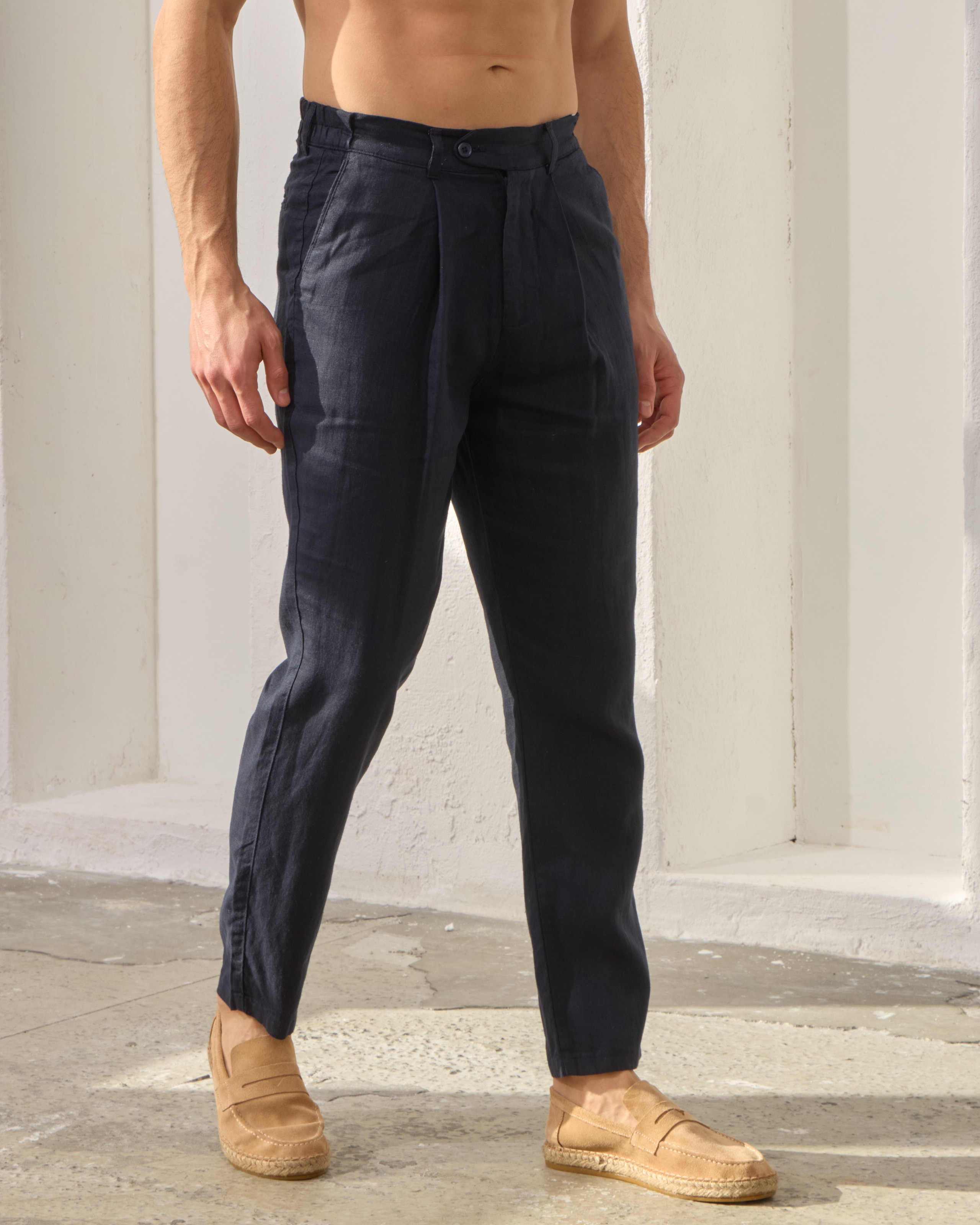 %100 Keten Pileli Regular Fit Pantolon - Lacivert