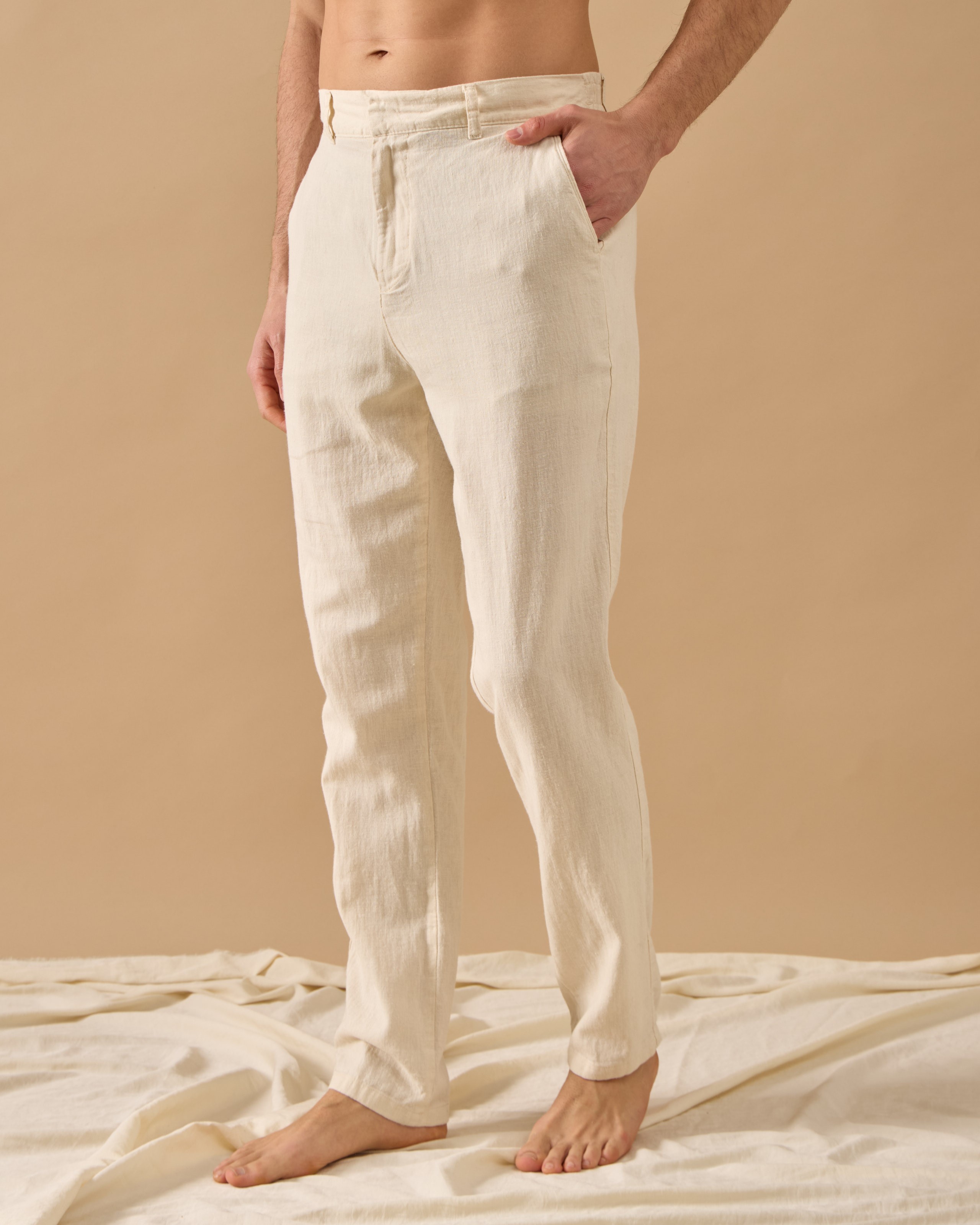 Arkası Lastikli Regular Fit Keten Pantolon - Kemik
