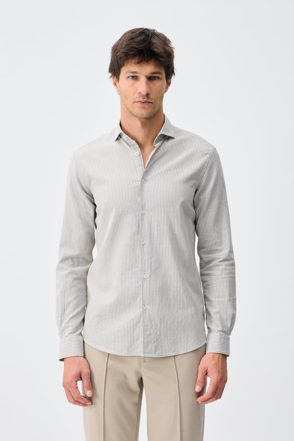 Çizgili Oxford Pamuk Gömlek - 1048 - Haki