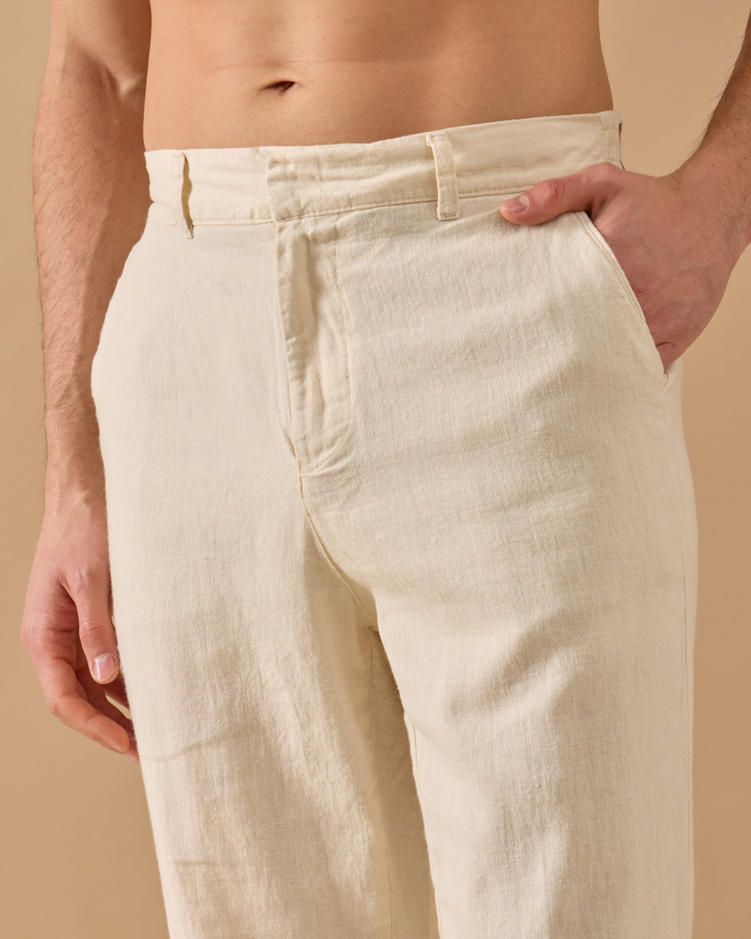 Arkası Lastikli Regular Fit Keten Pantolon - Kemik