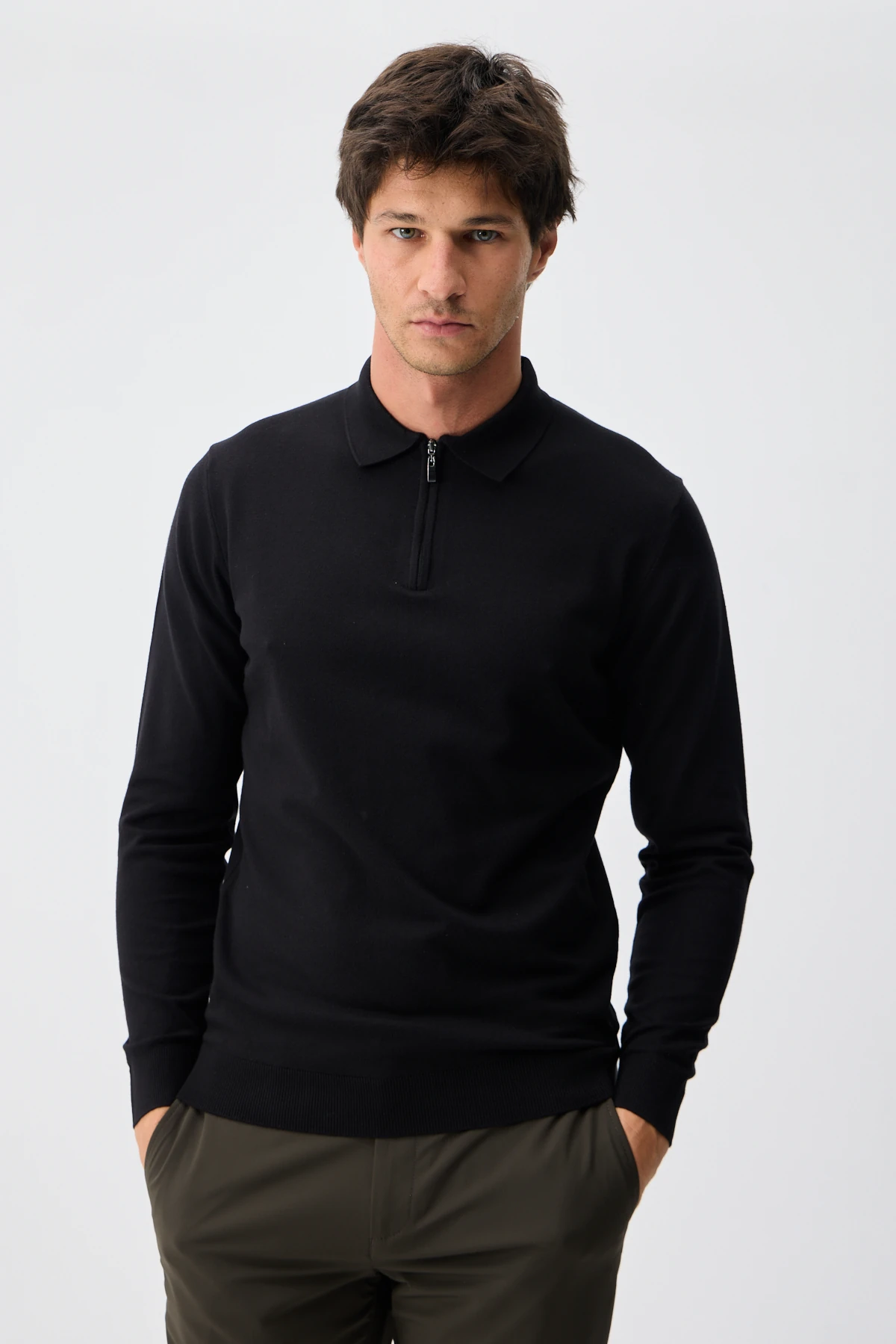 Kaşmir Karışımlı Fermuarlı Polo Yaka Triko - Siyah