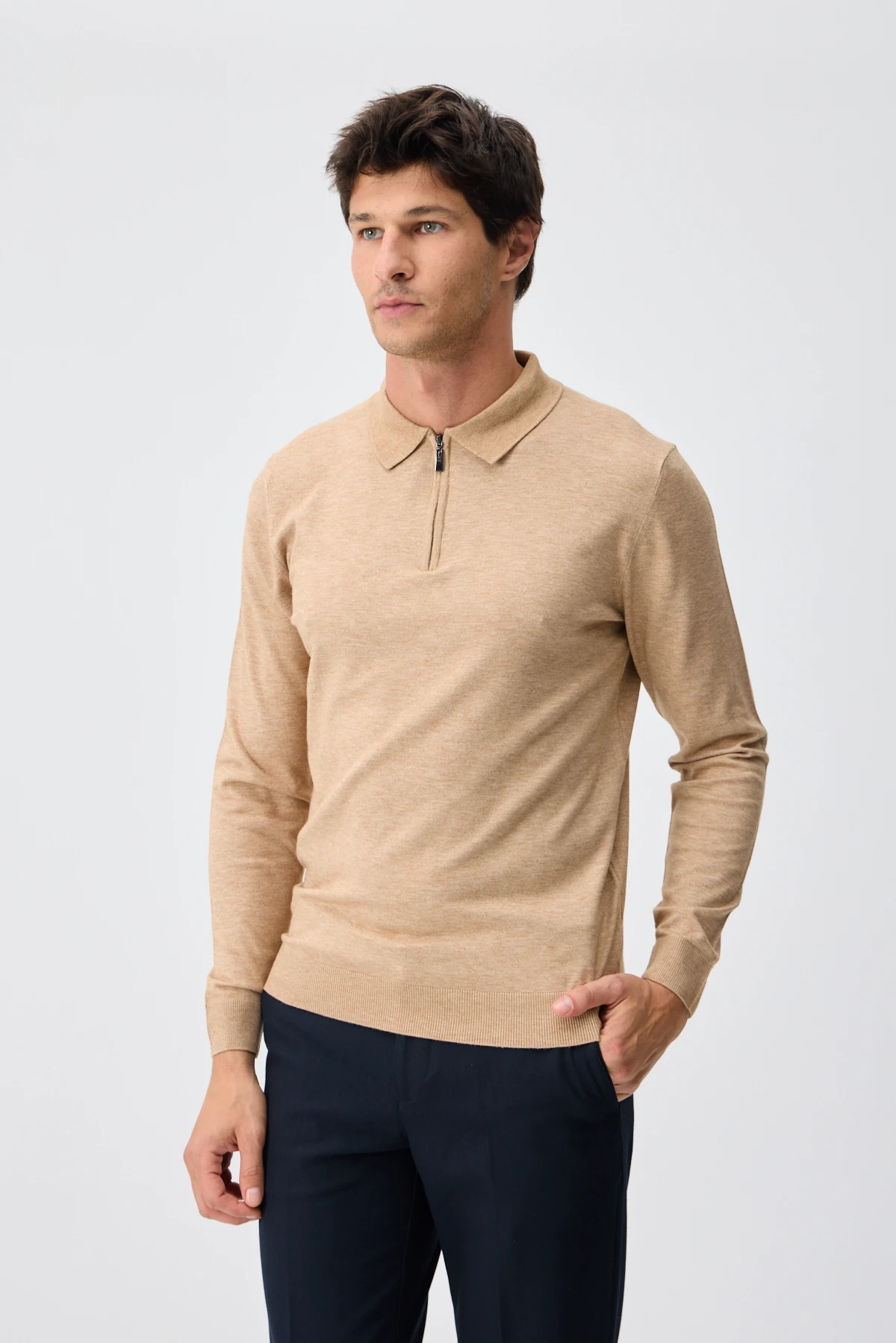 Kaşmir Karışımlı Fermuarlı Polo Yaka Triko - Camel