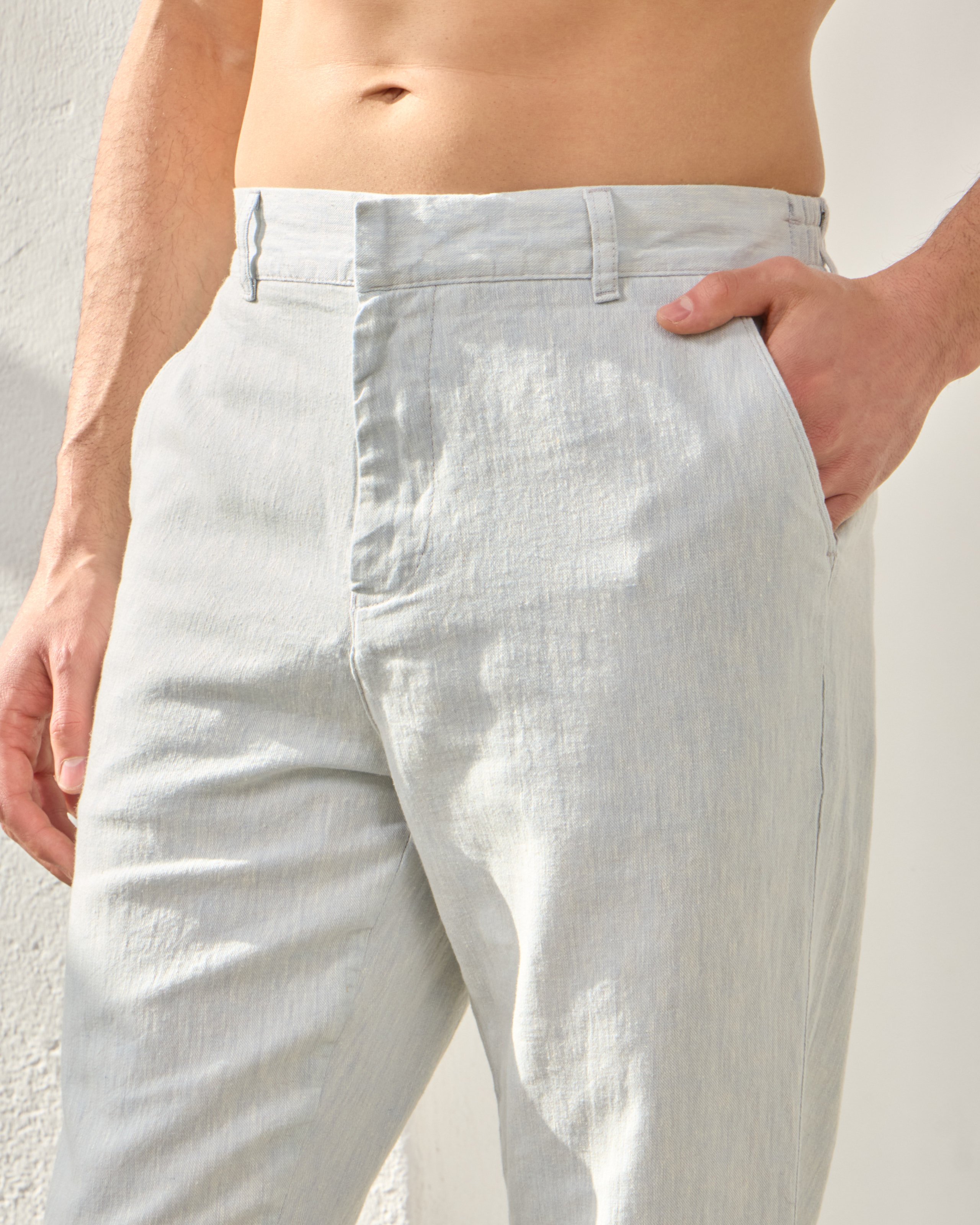 Arkası Lastikli Regular Fit Keten Pantolon - Buz Mavi