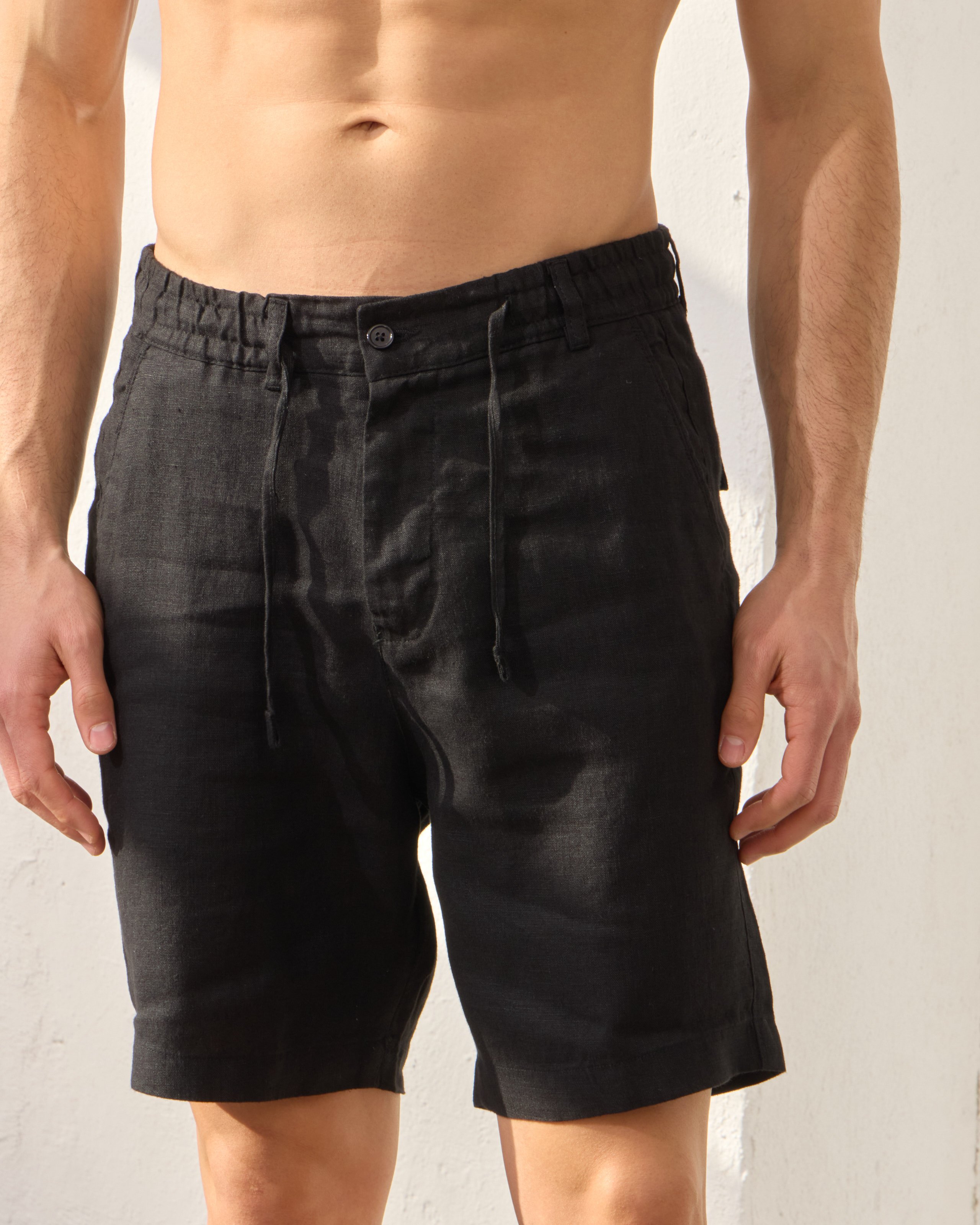 %100 Keten Lastikli Regular Fit Şort - Siyah