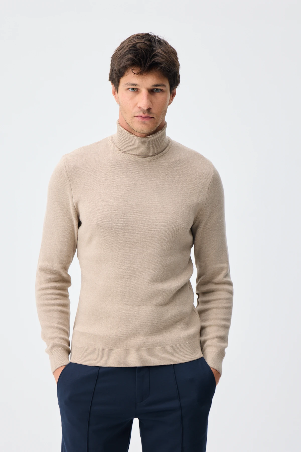 Balıkçı Yaka Triko - A.Vizon/Bej