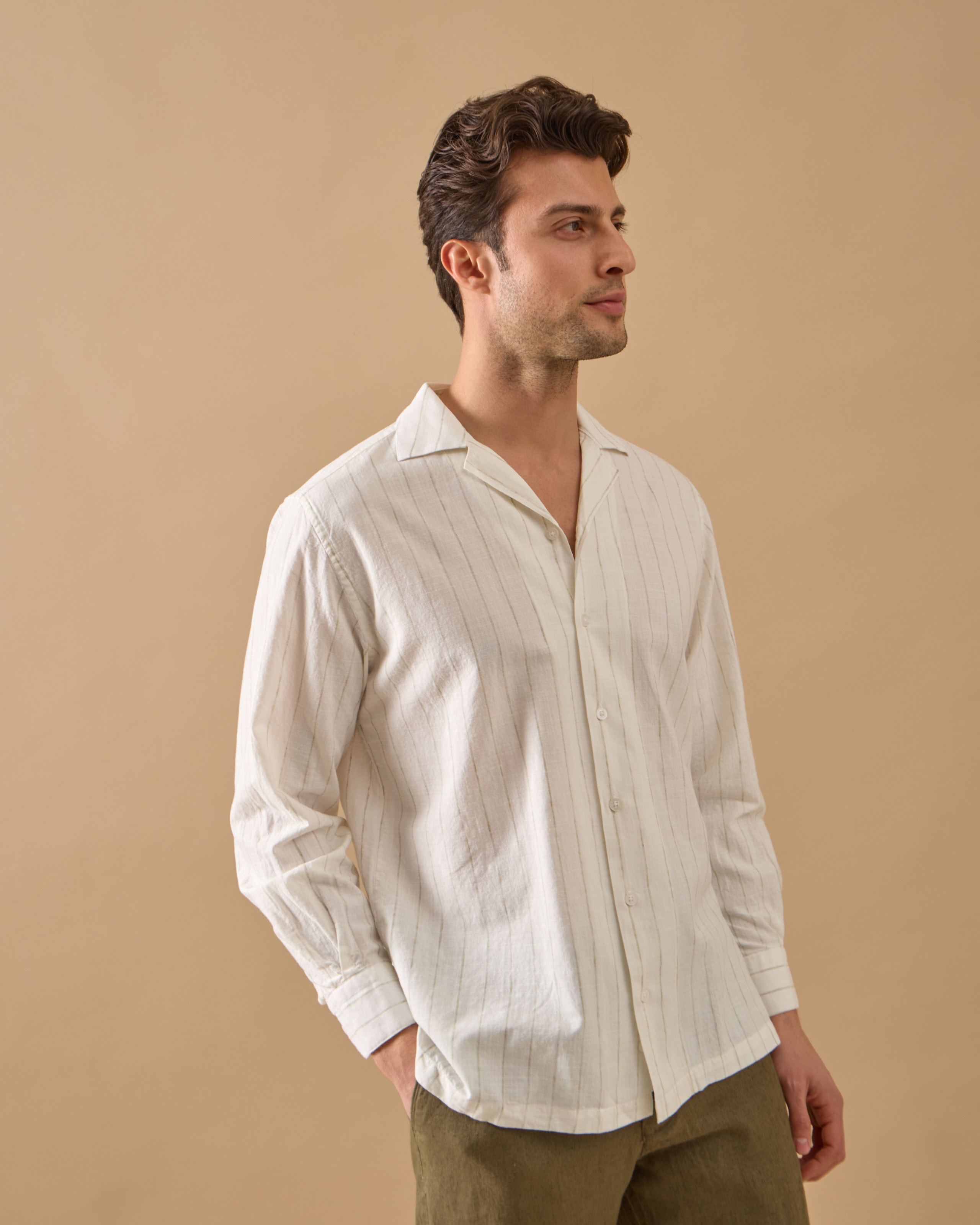 İnce Çizgili Relaxed Fit Keten Gömlek - Haki
