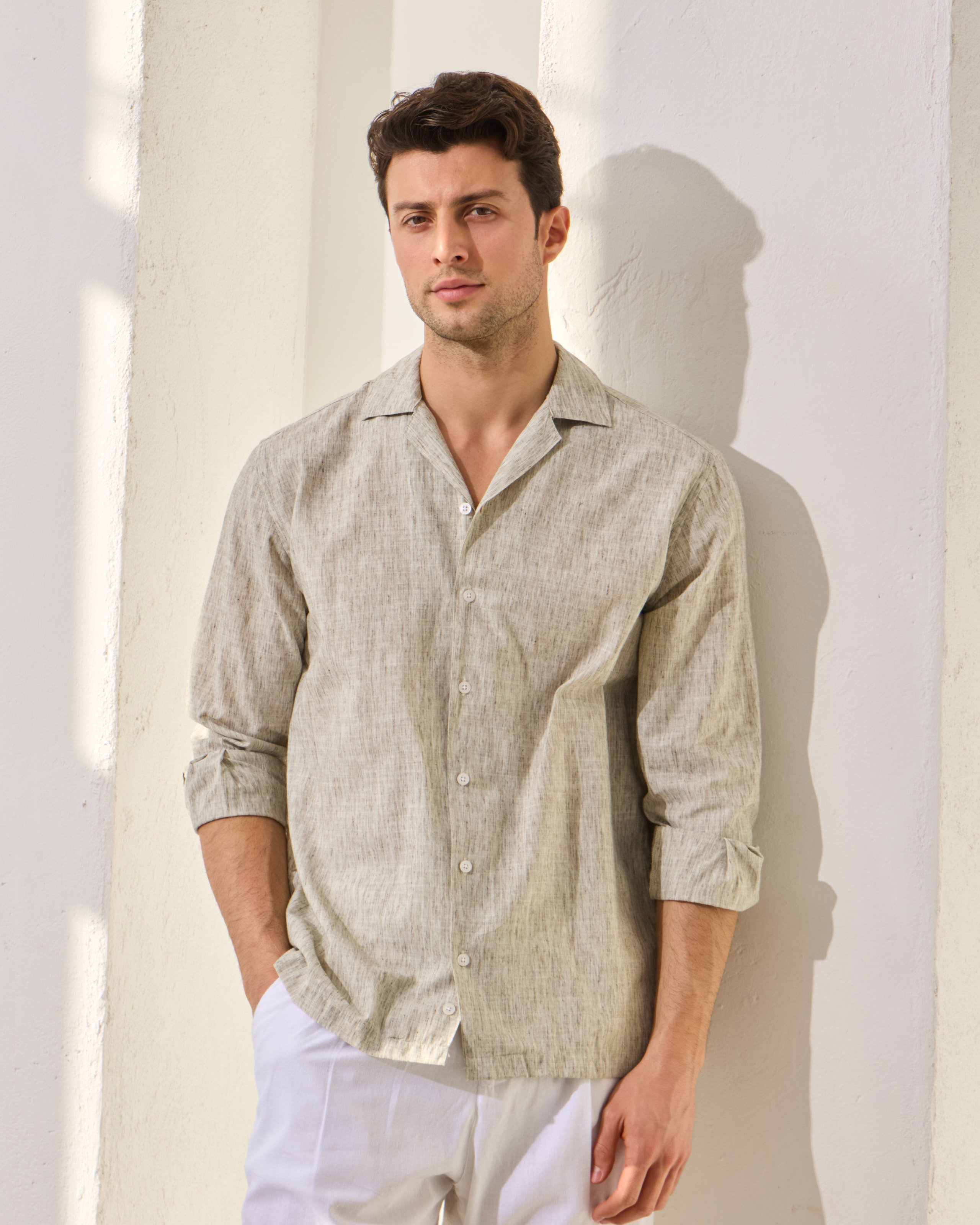 Çizgi Detaylı Relaxed Fit Keten Gömlek - Haki