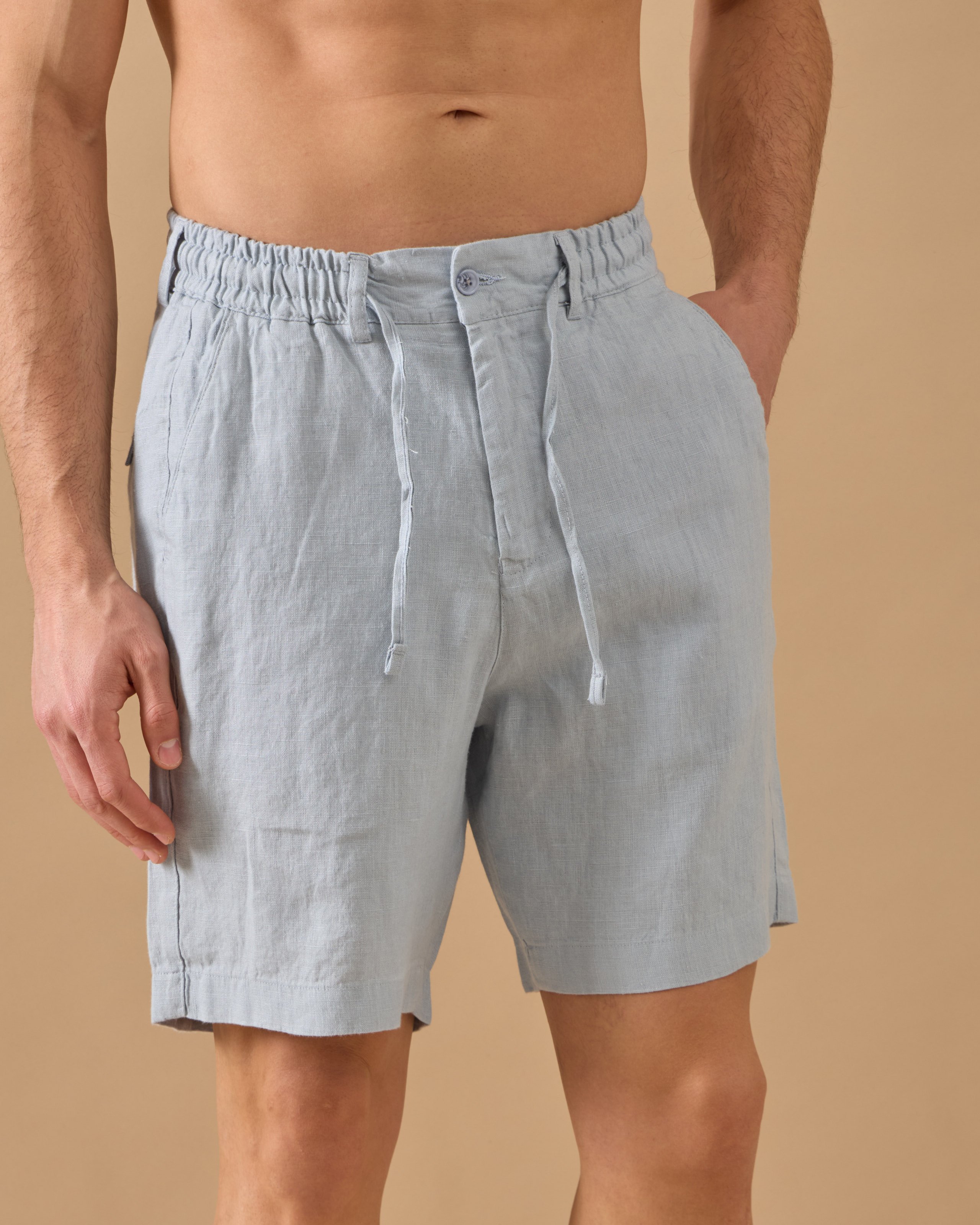 %100 Keten Lastikli Regular Fit Şort - mavi