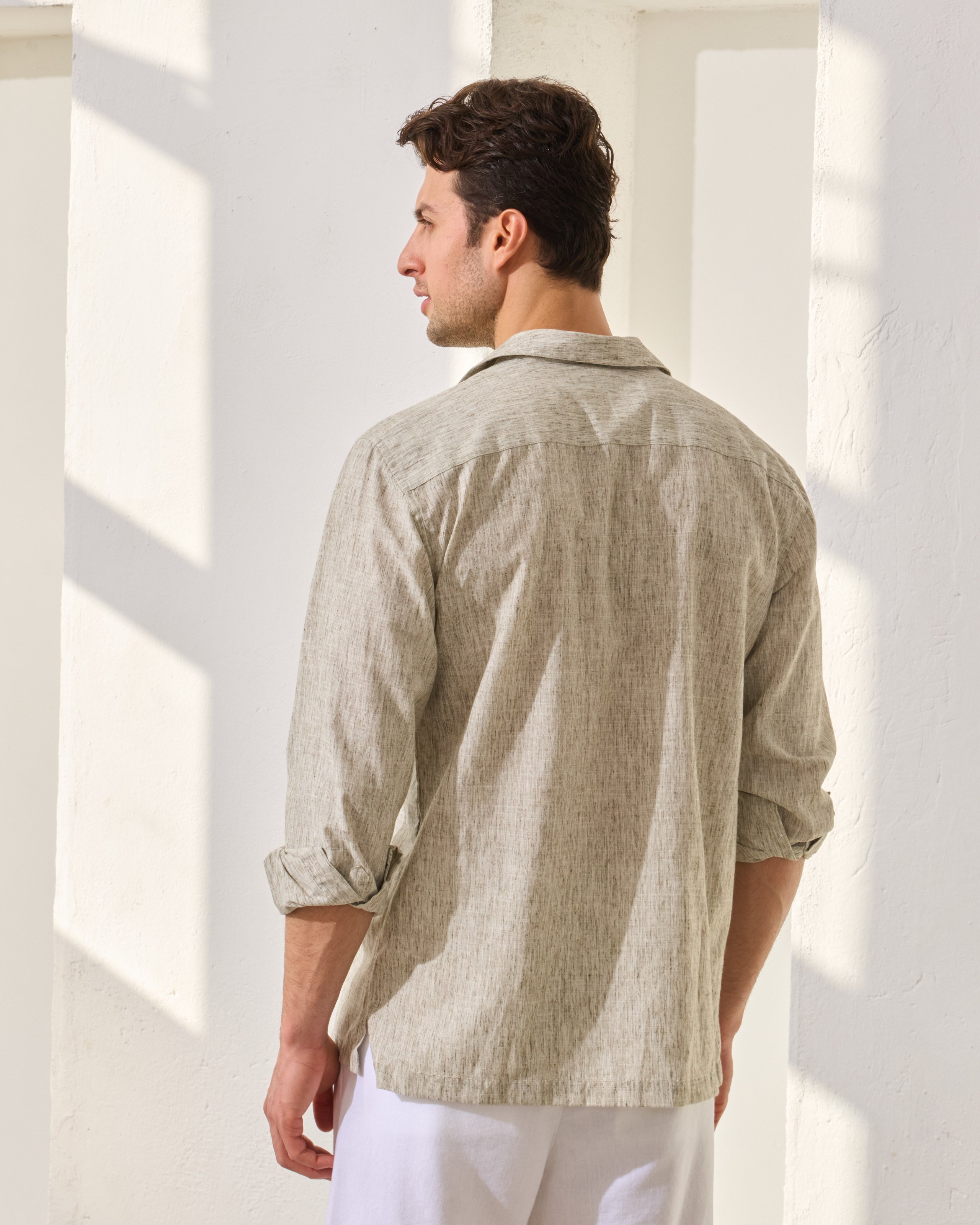 Çizgi Detaylı Relaxed Fit Keten Gömlek - Haki