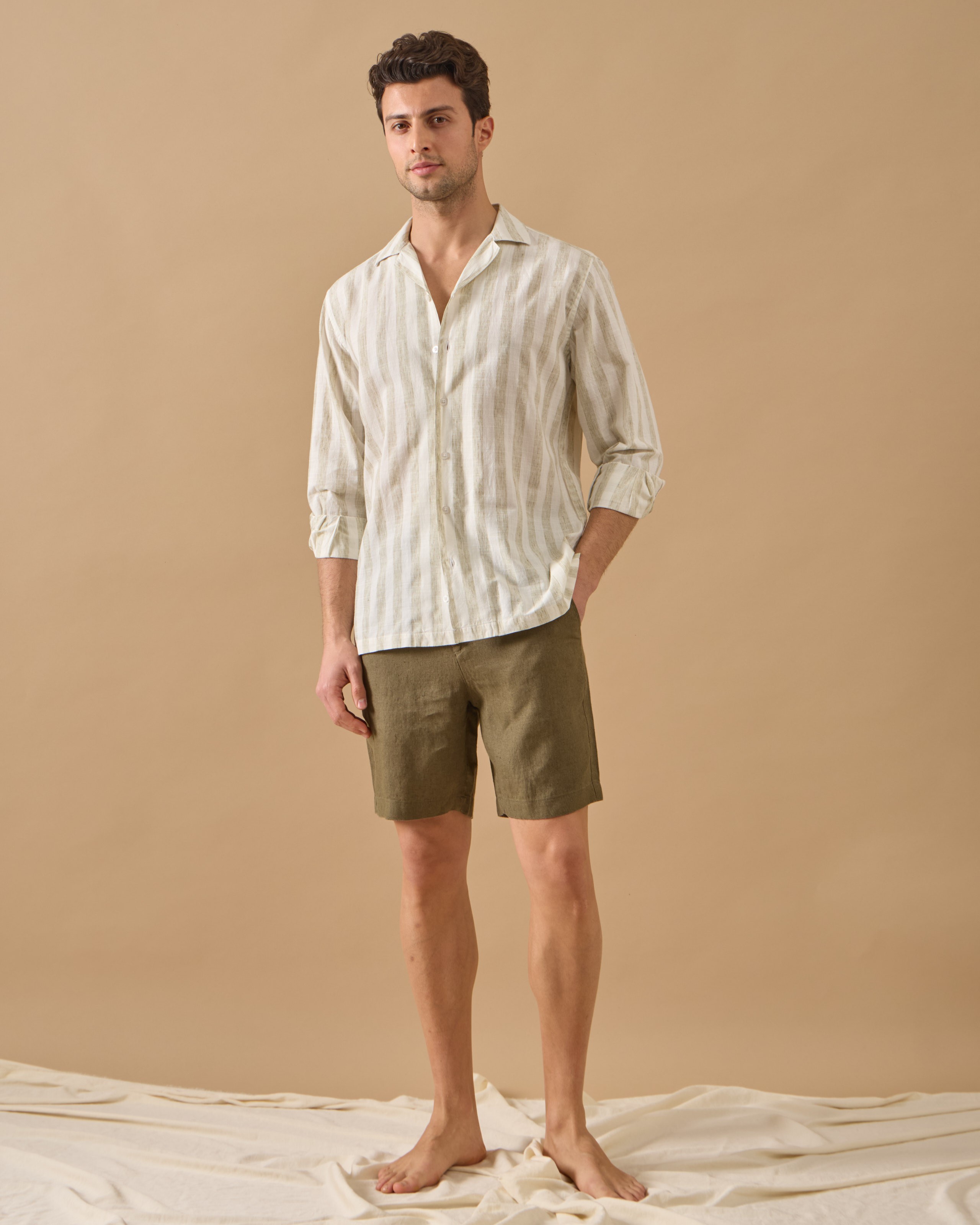 Kalın Çizgili Relaxed Fit Keten Gömlek - Haki