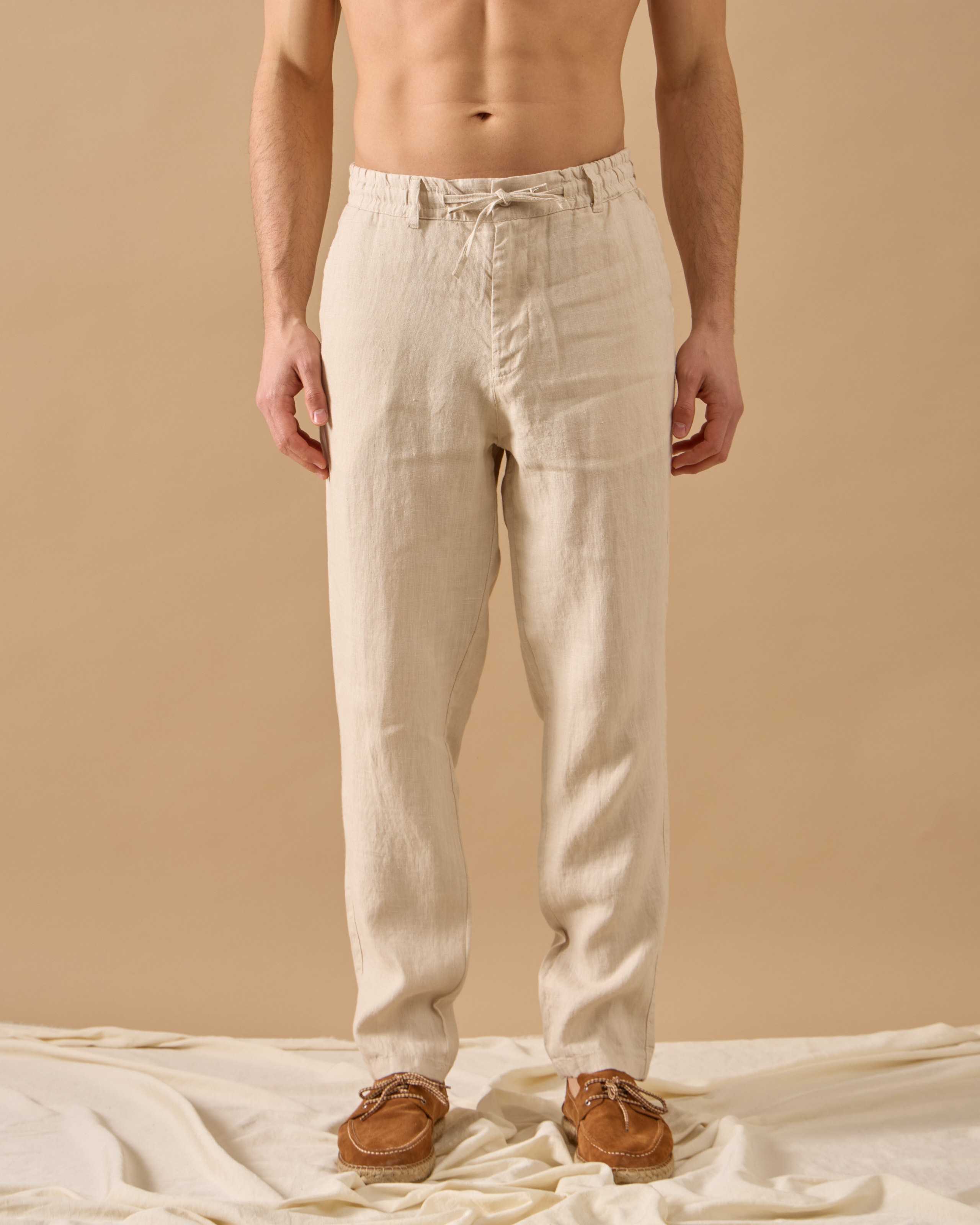 %100 Keten Lastikli Regular Fit Pantolon - Bej