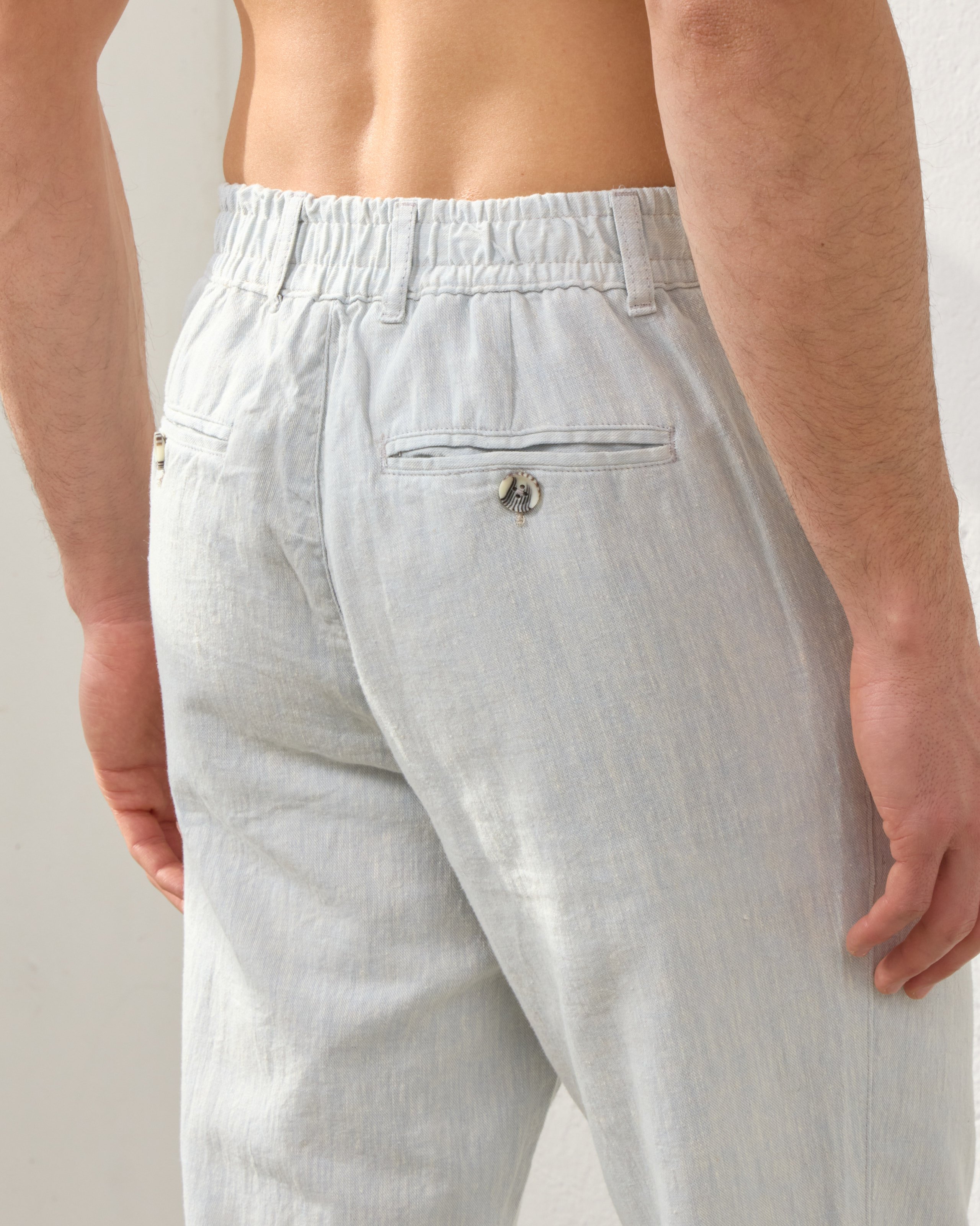 Arkası Lastikli Regular Fit Keten Pantolon - Buz Mavi