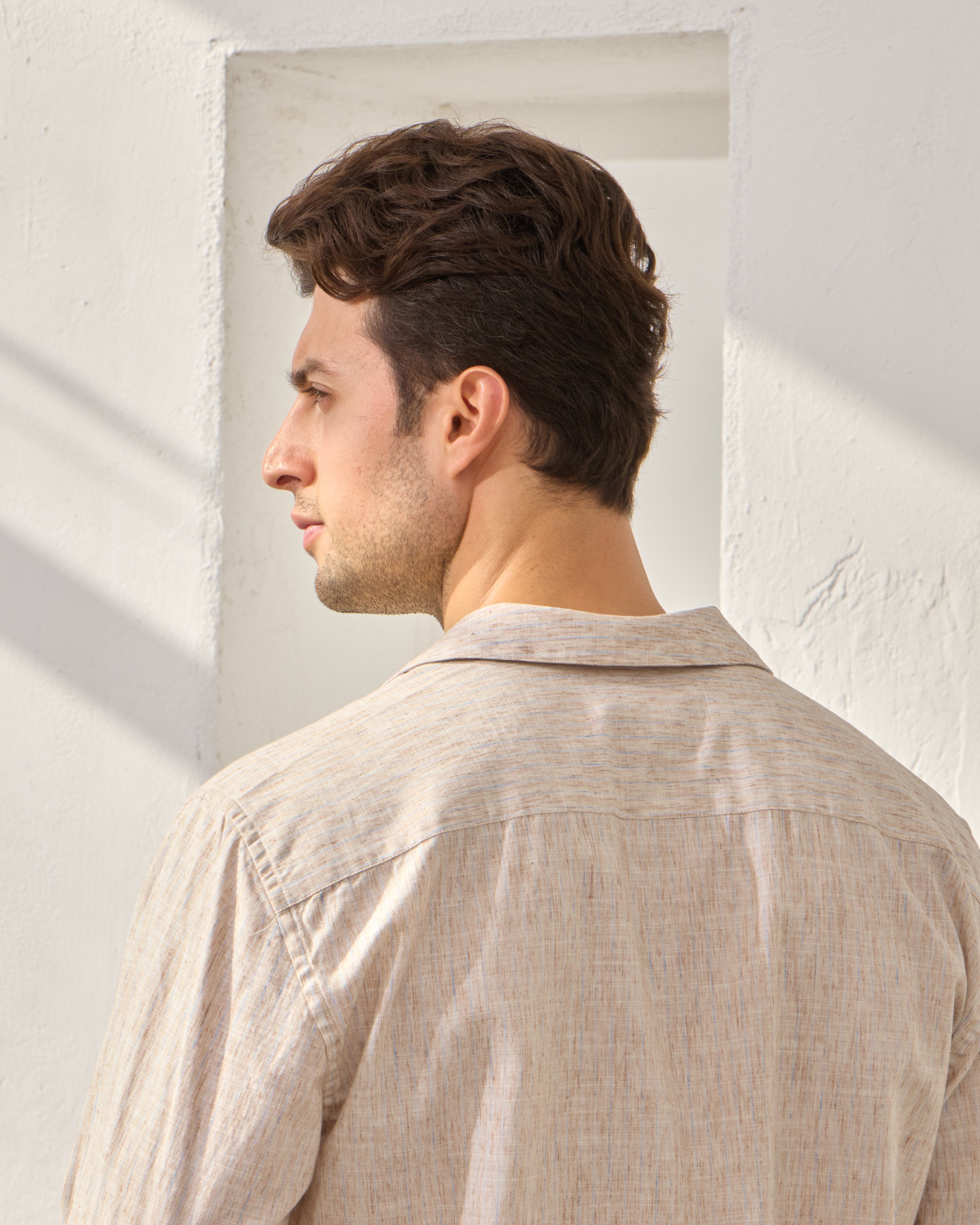 Çizgi Detaylı Relaxed Fit Keten Gömlek - Kahverengi
