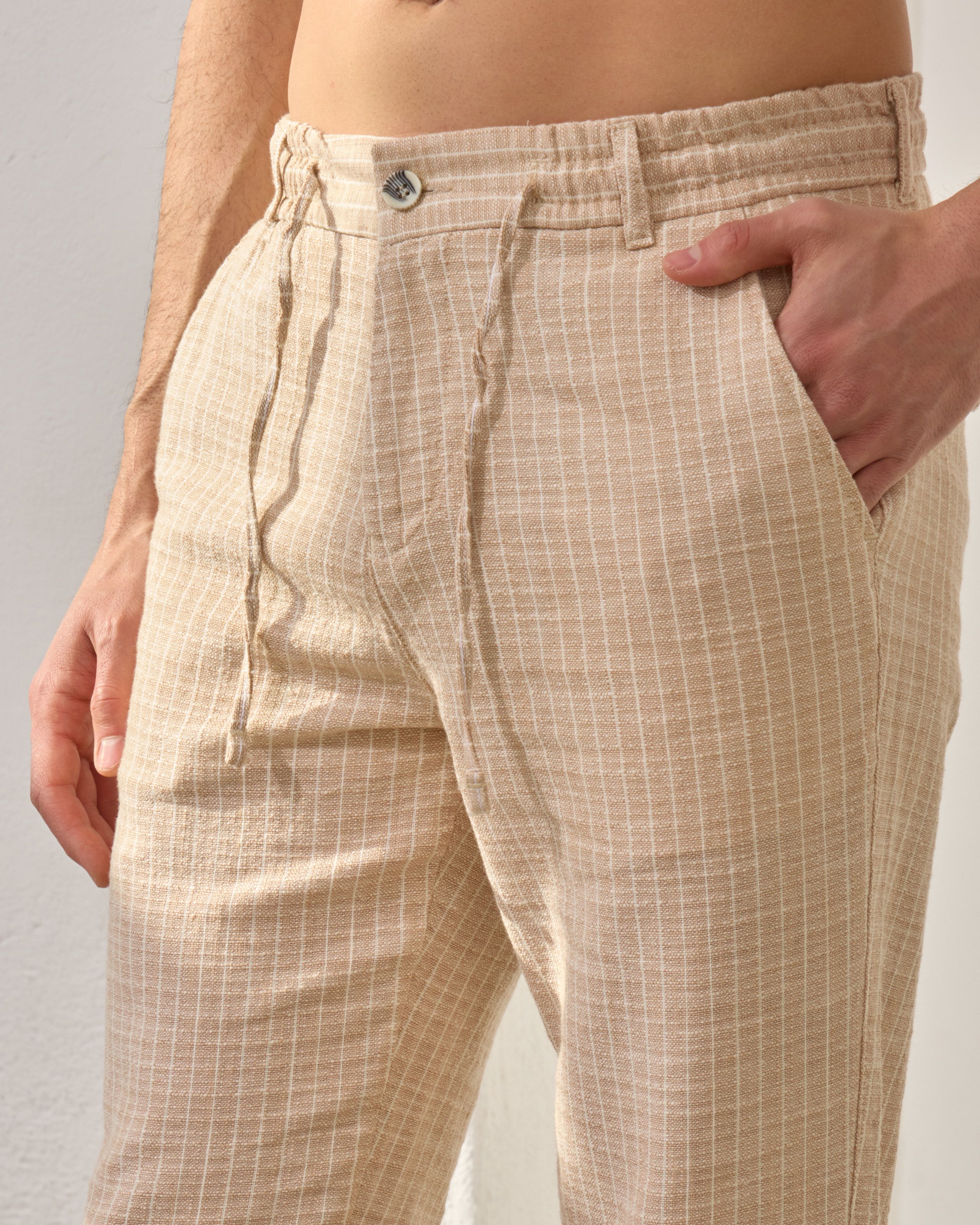 Lastikli Regular Fit Çizgili Pantolon - Bej