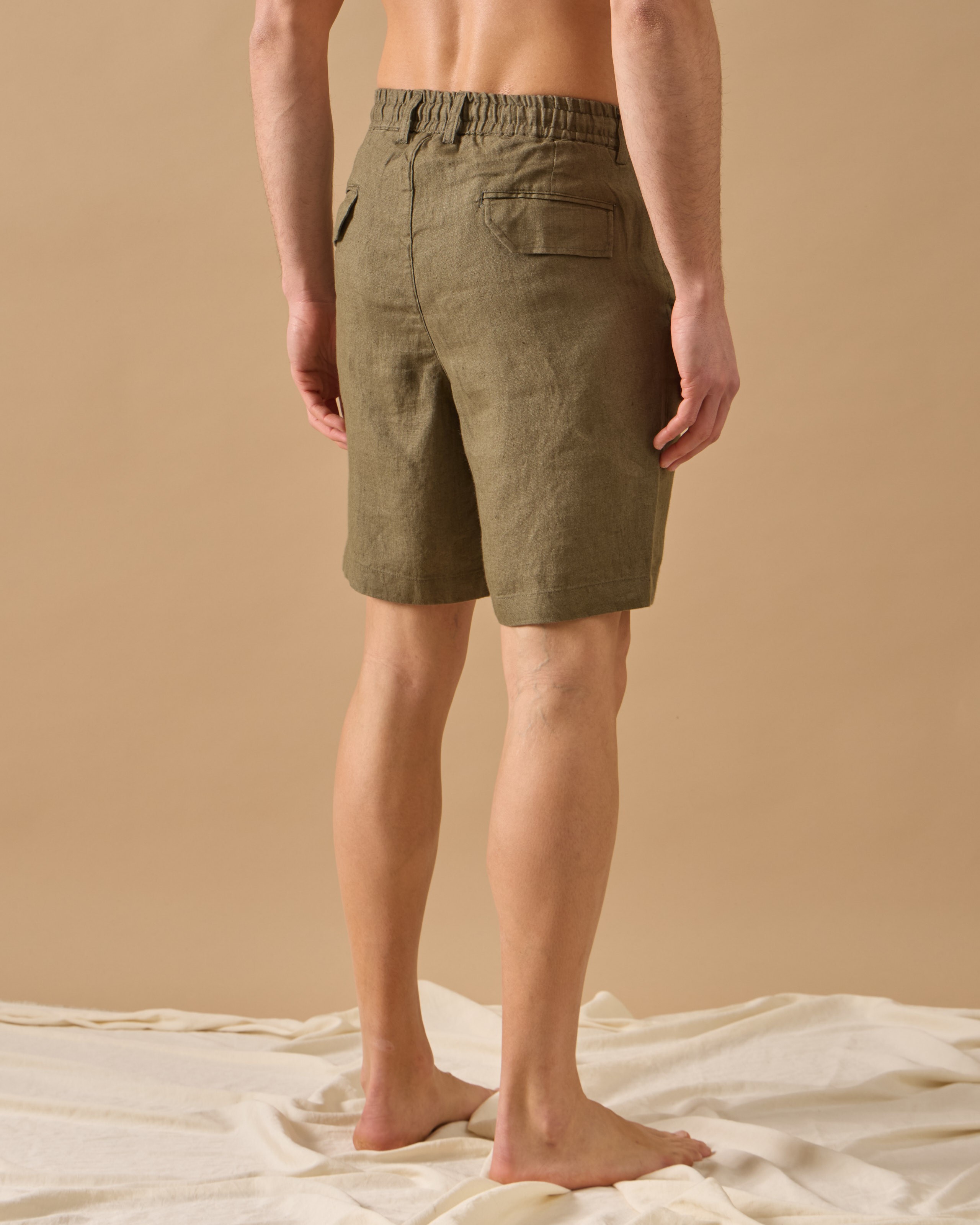 %100 Keten Lastikli Regular Fit Şort - Haki