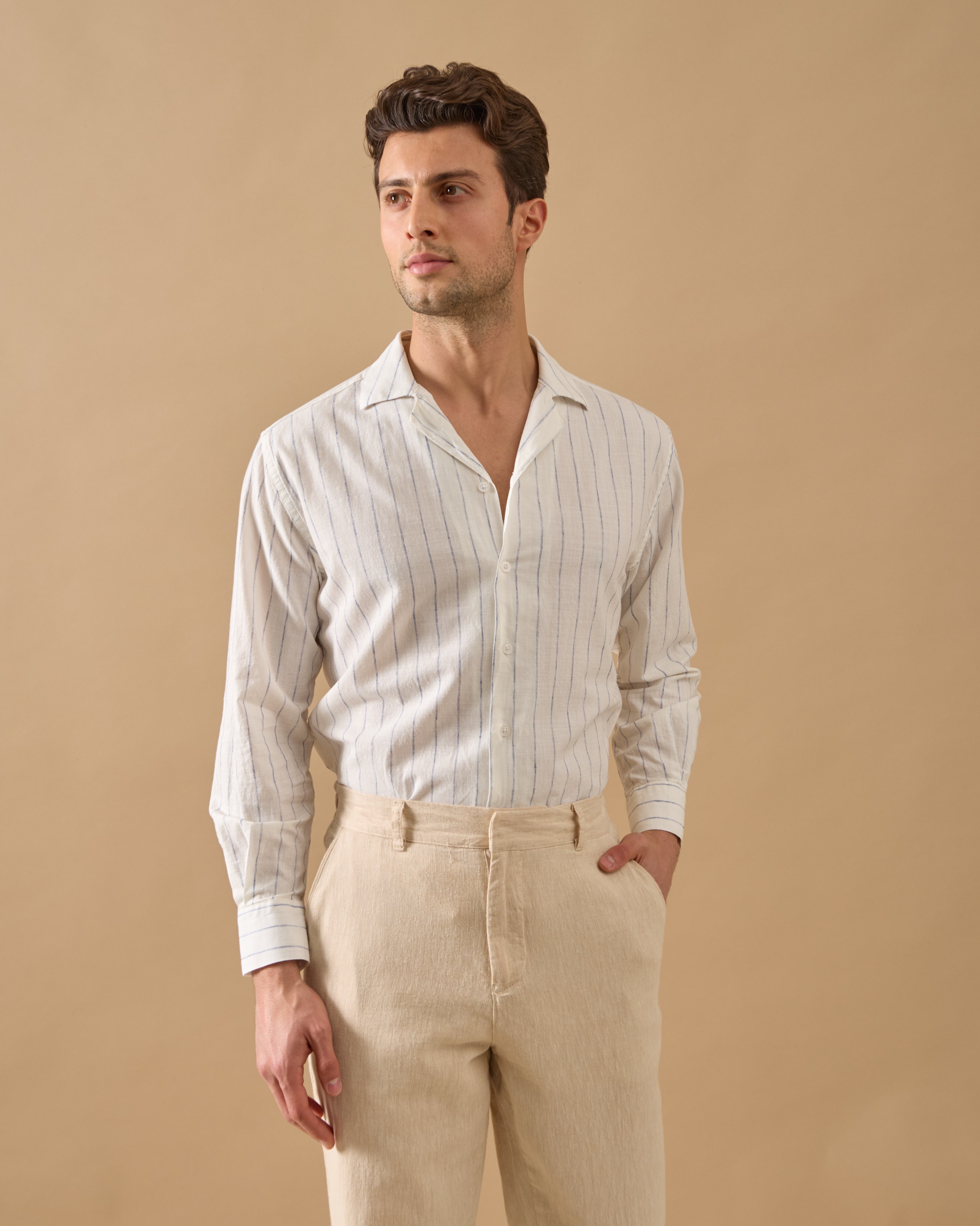 Arkası Lastikli Regular Fit Keten Pantolon - Bej