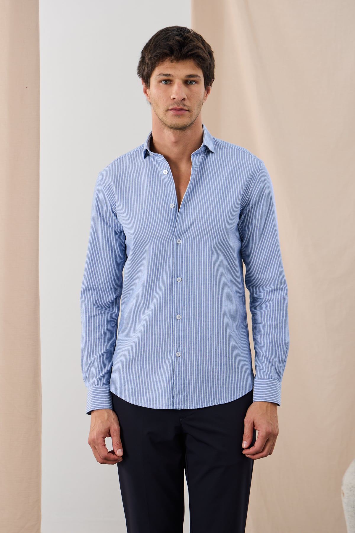 Çizgili Oxford Pamuk Gömlek - 1048 - Lacivert