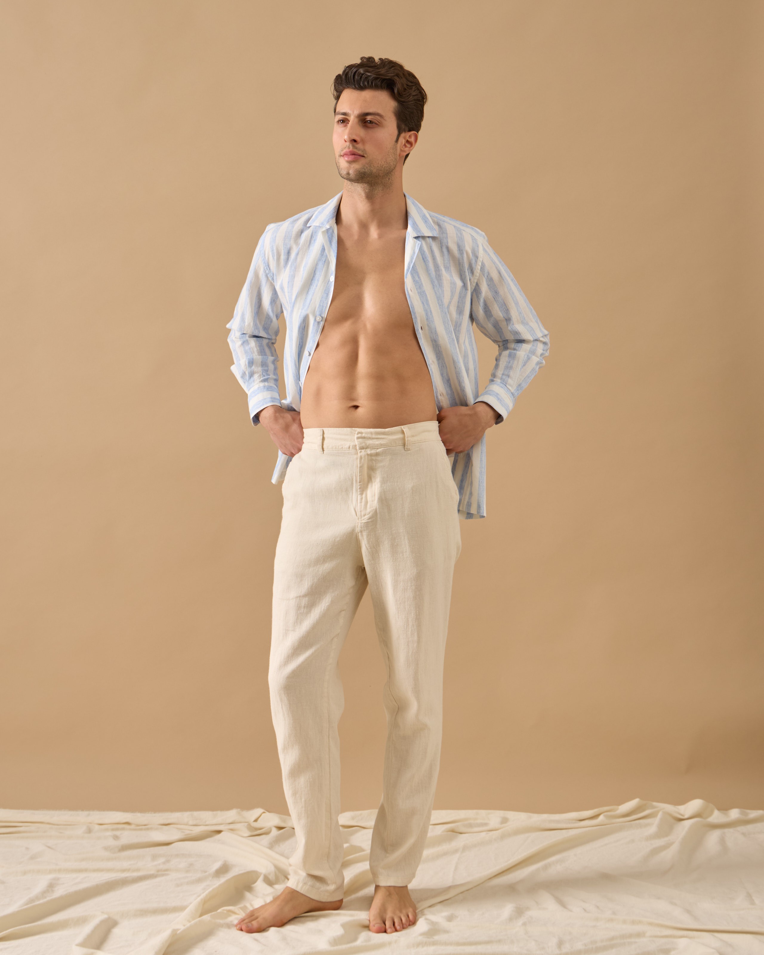 Arkası Lastikli Regular Fit Keten Pantolon - Kemik