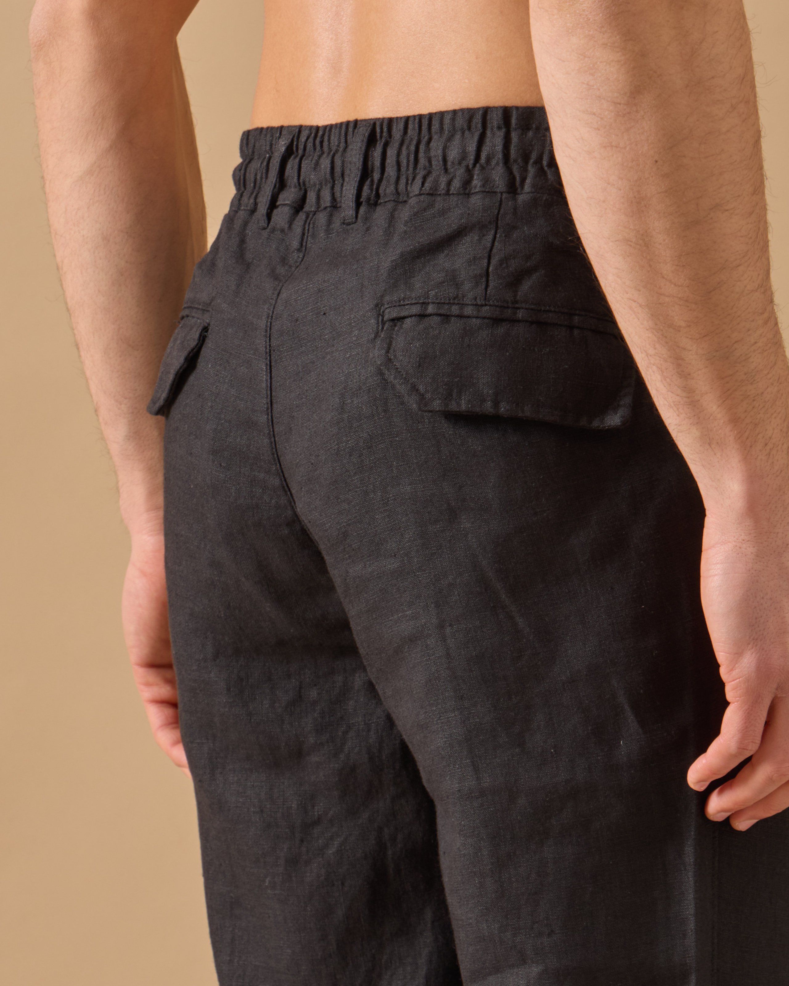%100 Keten Lastikli Regular Fit Pantolon - Siyah
