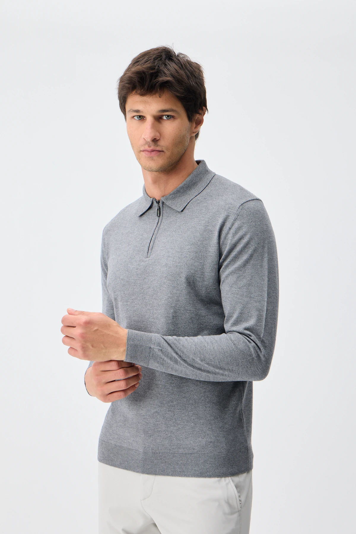 Kaşmir Karışımlı Fermuarlı Polo Yaka Triko - M.Gri