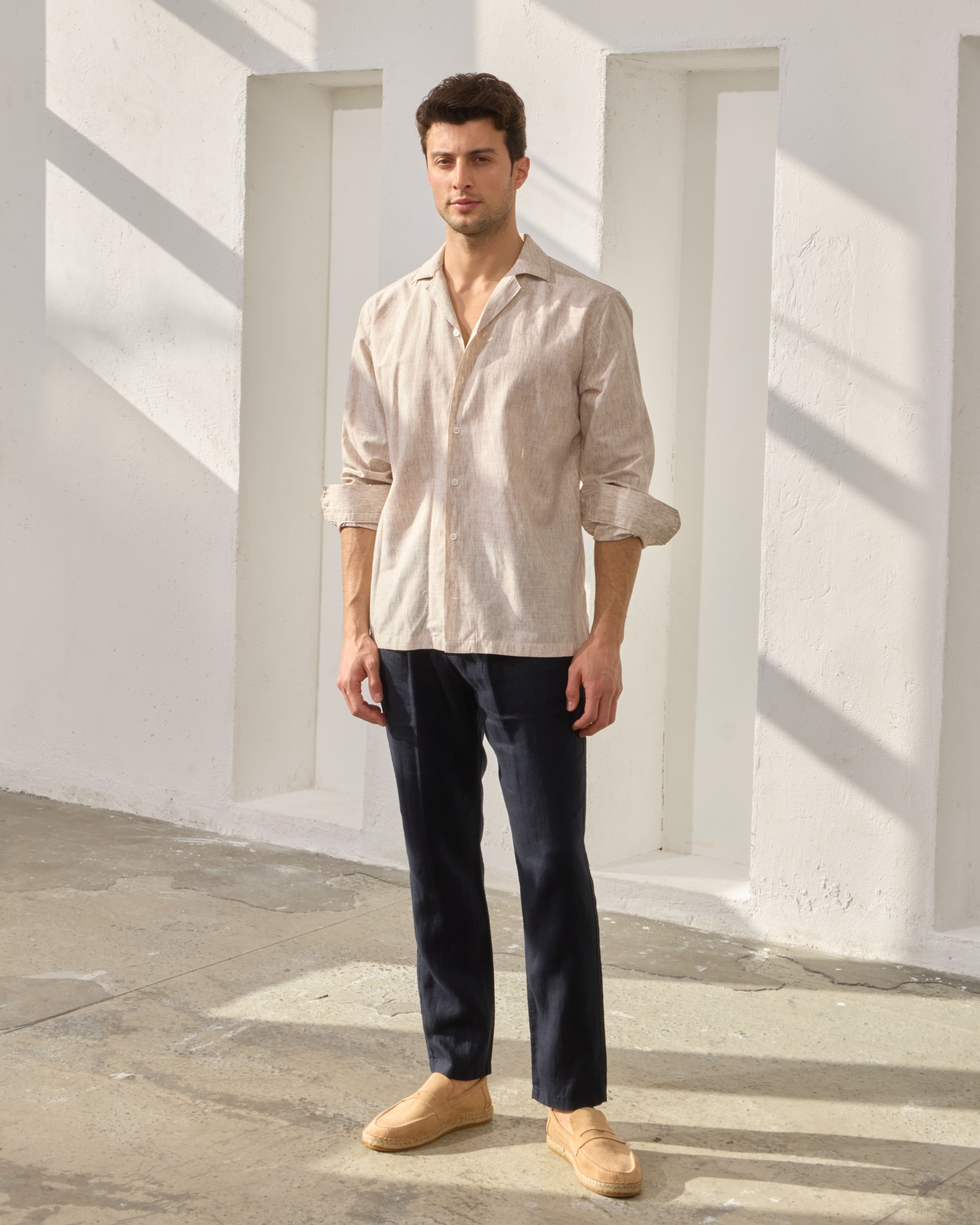 Çizgi Detaylı Relaxed Fit Keten Gömlek - Kahverengi
