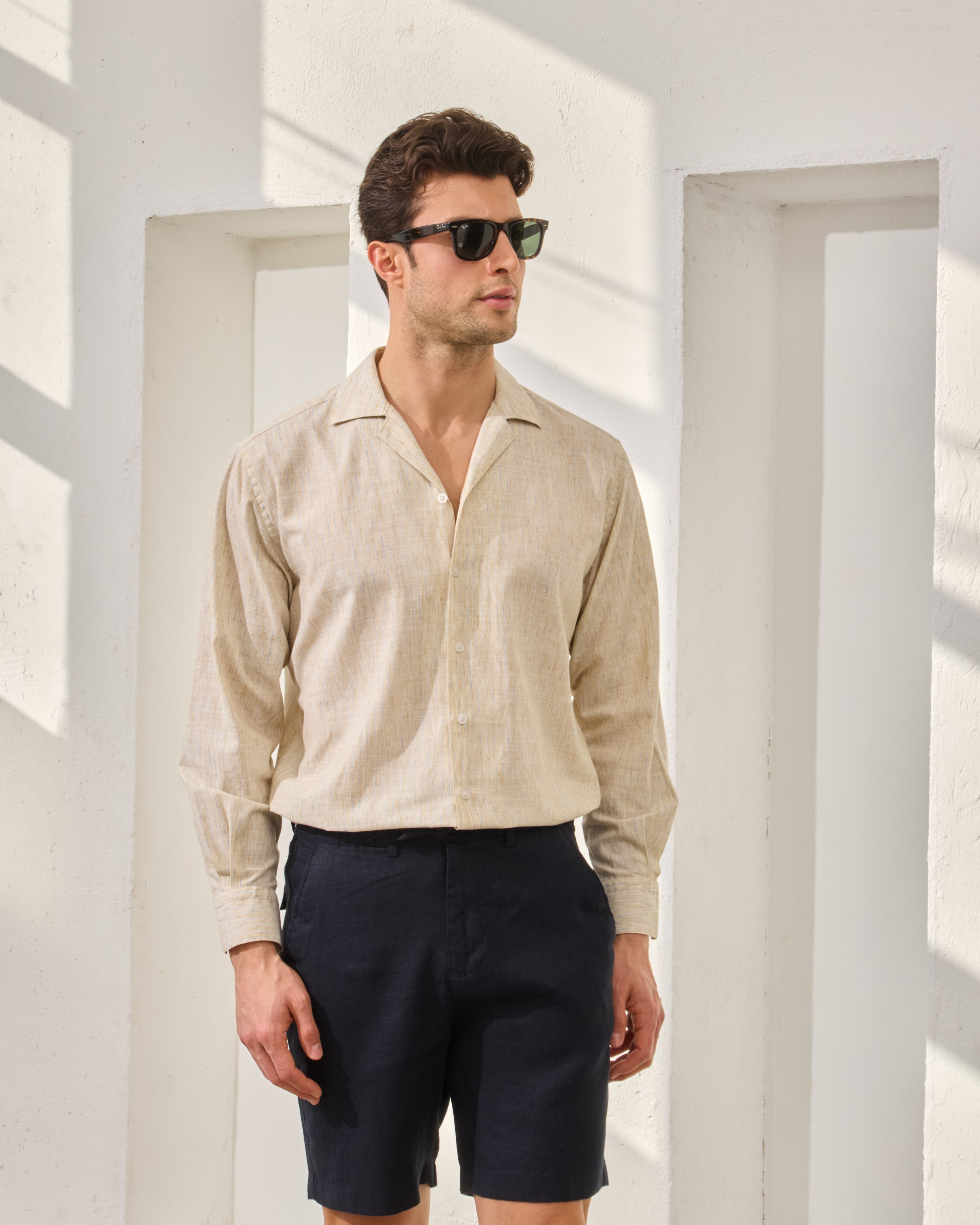 Çizgi Detaylı Relaxed Fit Keten Gömlek - Bej