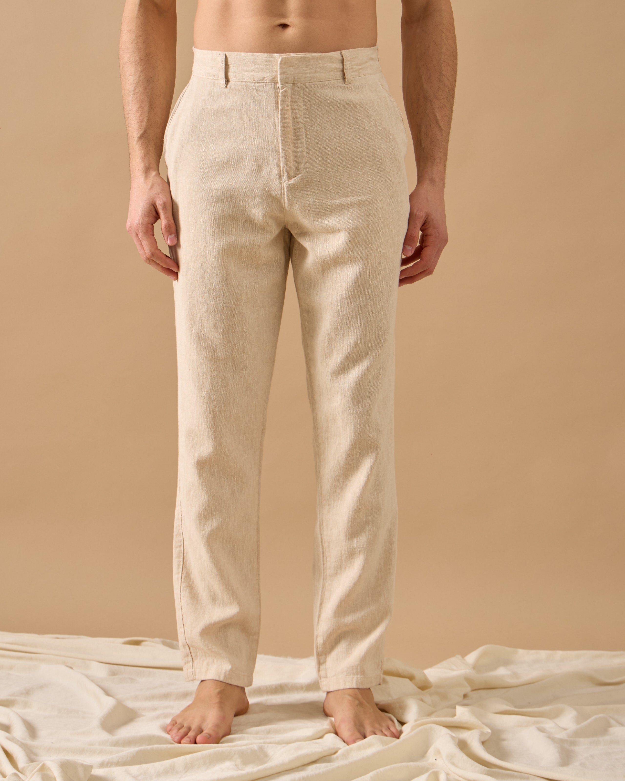 Arkası Lastikli Regular Fit Keten Pantolon - Bej
