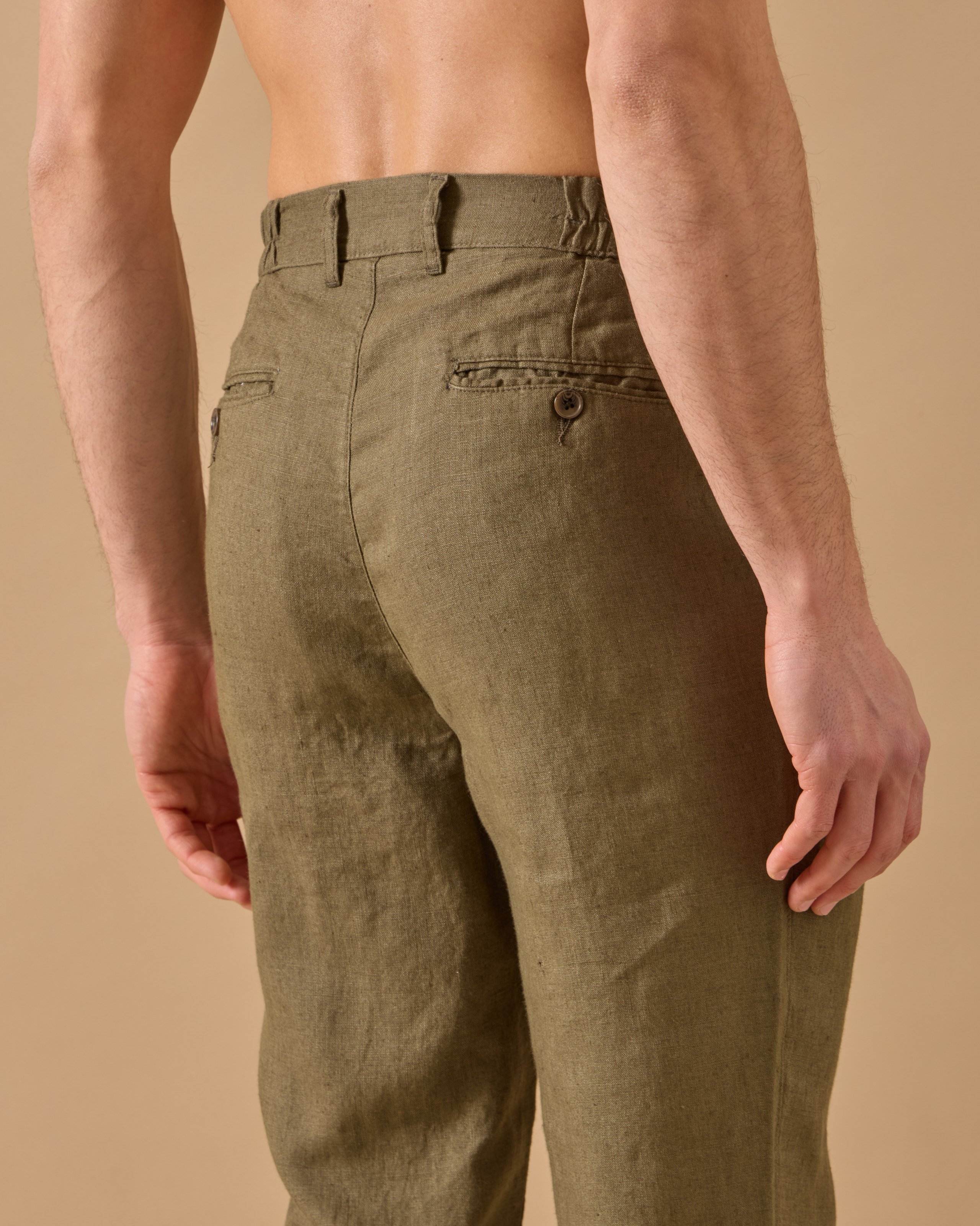 %100 Keten Pileli Regular Fit Pantolon - Haki